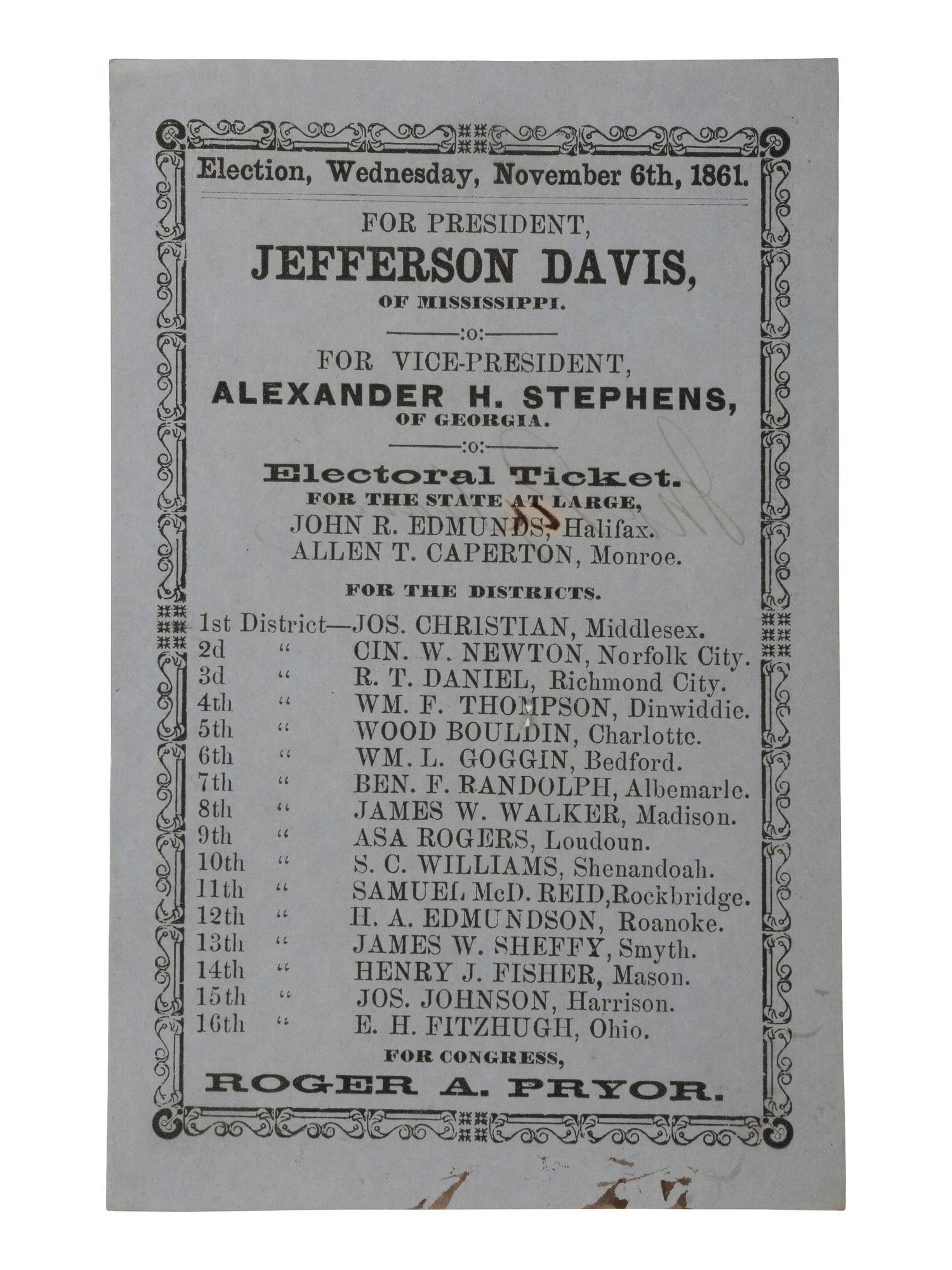 [CIVIL WAR - CONFEDERACY]. -- [DAVIS, Jefferson (1808-1889)]. 1861 Confederate Ticket from Virginia.