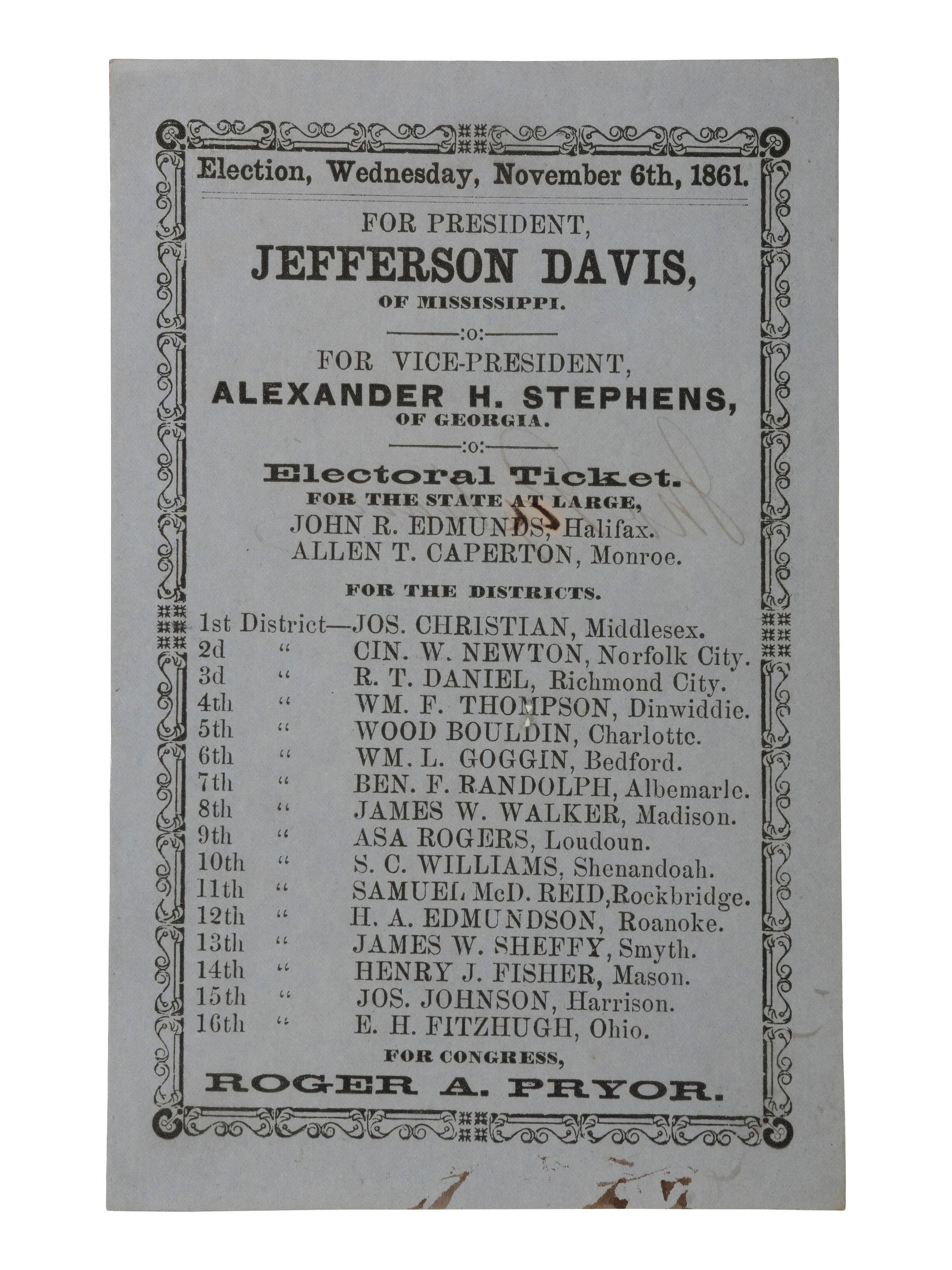 [CIVIL WAR - CONFEDERACY]. -- [DAVIS, Jefferson (1808-1889)]. 1861 Confederate Ticket from Virginia.