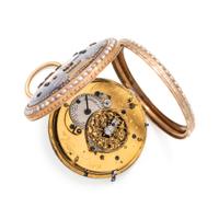 CHEVALIER & CO. ENAMEL, PEARL AND DIAMOND OPEN FACE POCKET WATCH