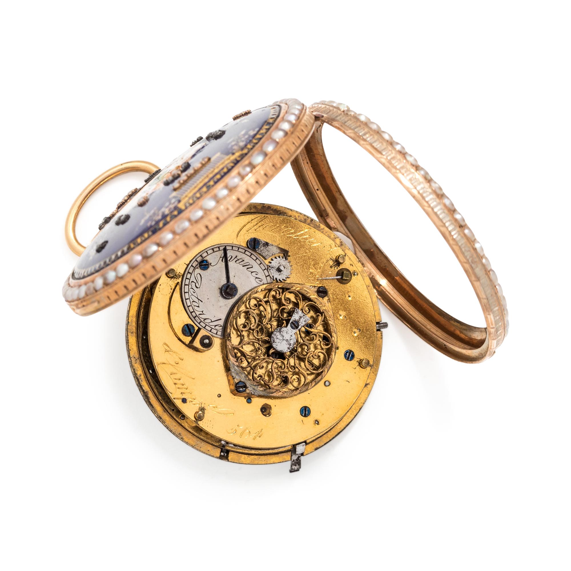 CHEVALIER & CO. ENAMEL, PEARL AND DIAMOND OPEN FACE POCKET WATCH