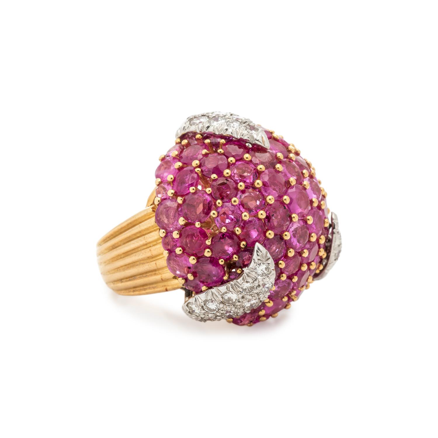 PINK SAPPHIRE AND DIAMOND BOMBE RING