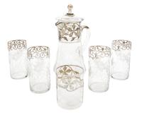 An Assembled Silver Overlay Engraved Glass Drinking Set Height of pitcher 9 3/8 inches.