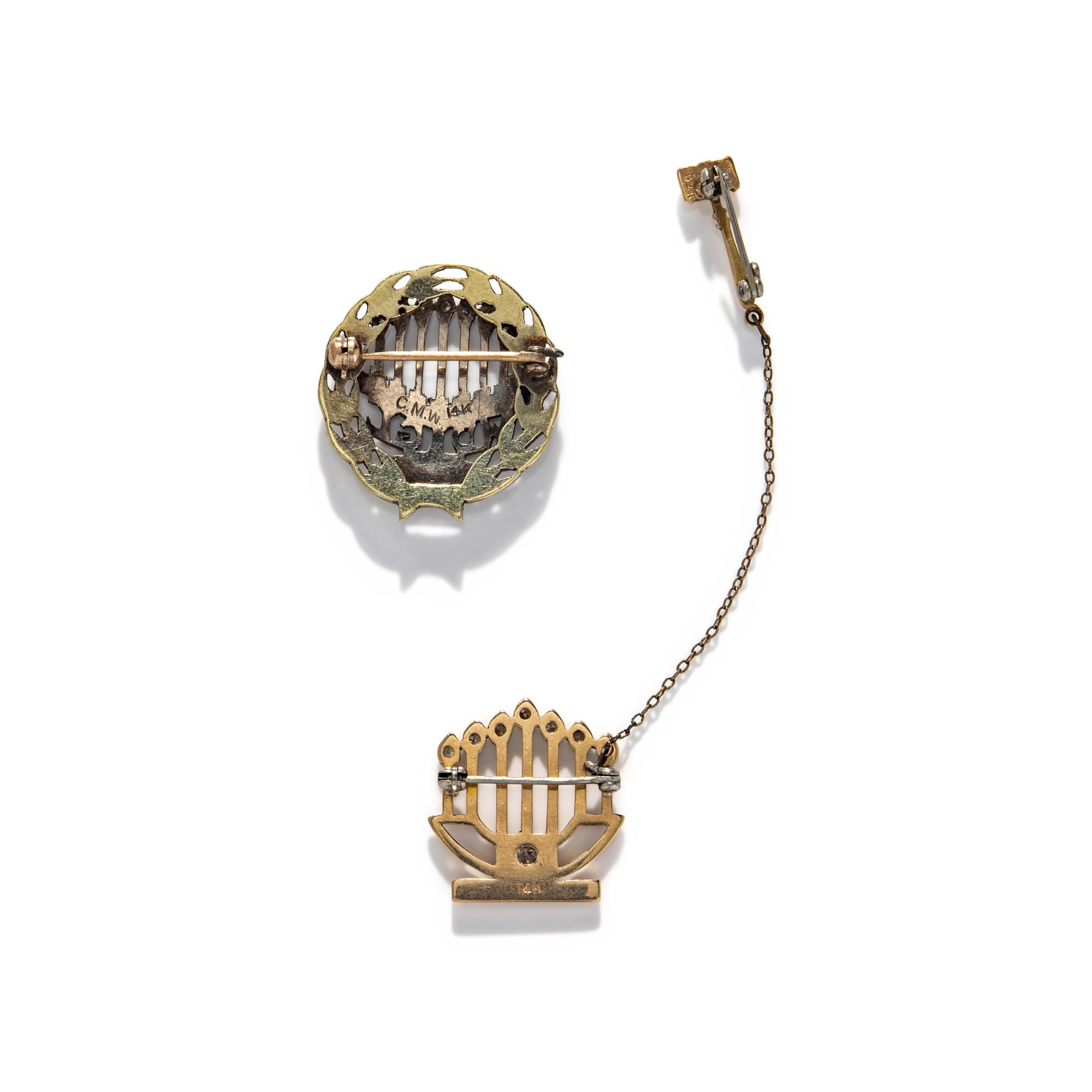 TWO GOLD AND DIAMOND MENORAH PINS
