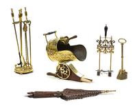 A Collection of Brass Fireplace Articles, Length of first 19 inches.