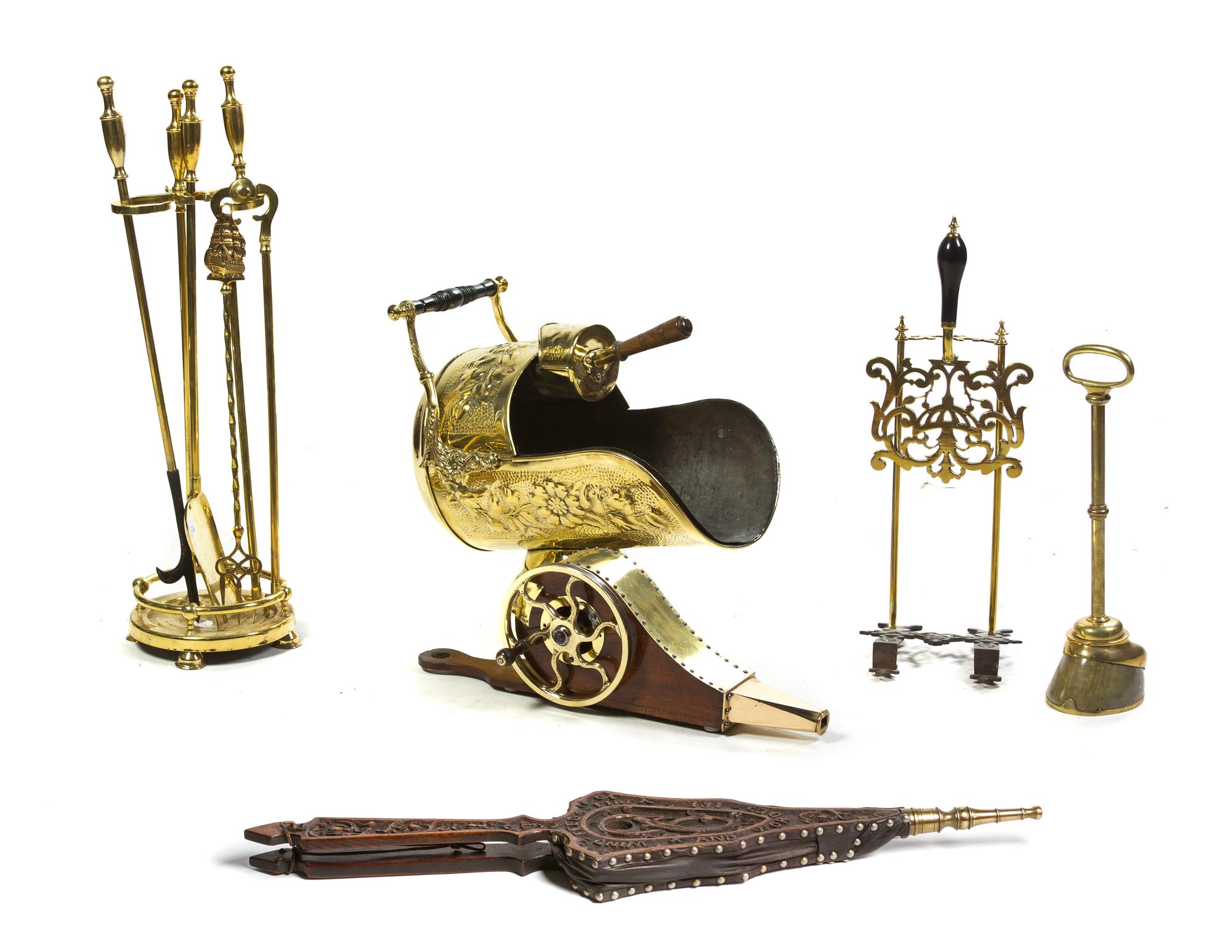 A Collection of Brass Fireplace Articles, Length of first 19 inches.