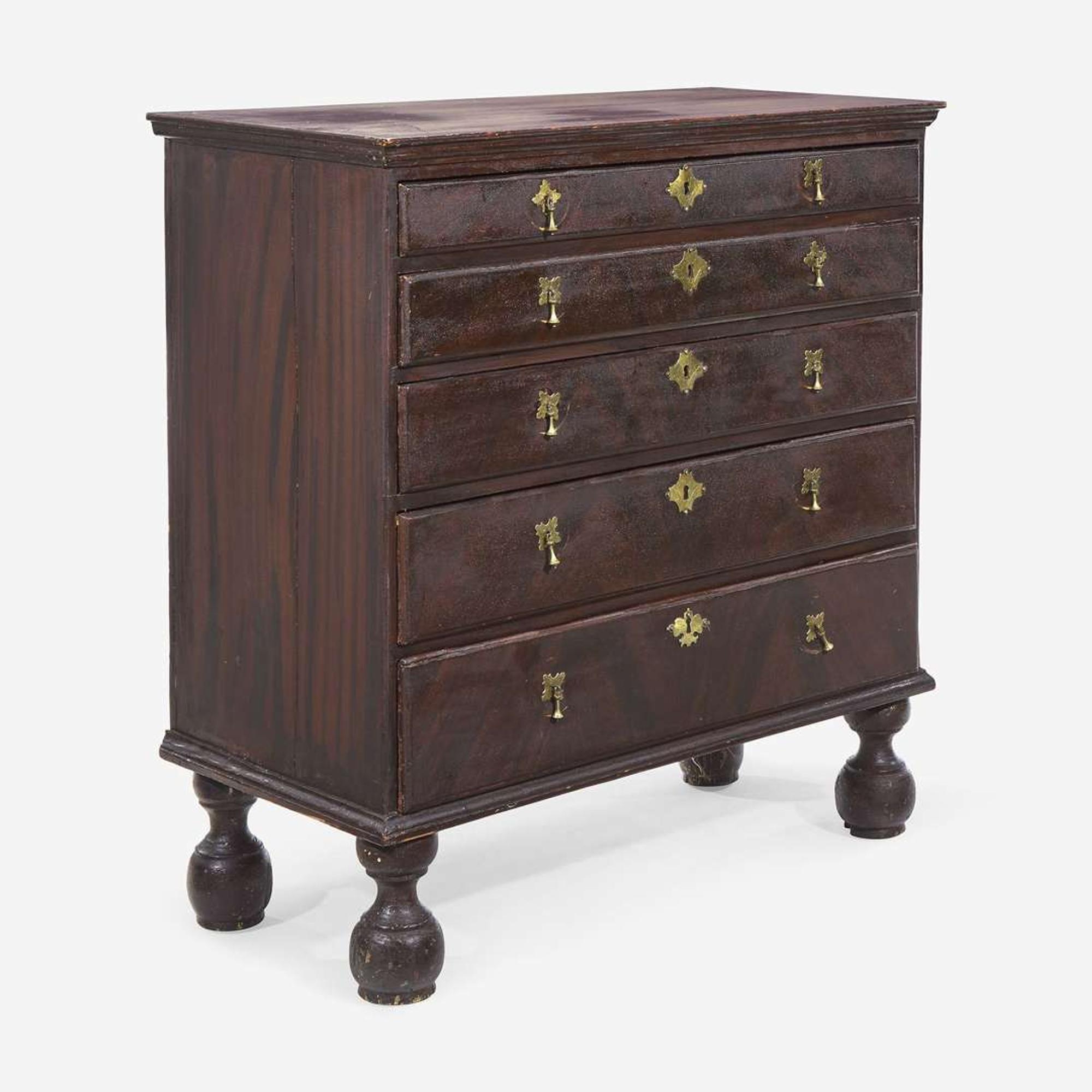 A William & Mary grain-painted pine five drawer chest New England, circa 1740