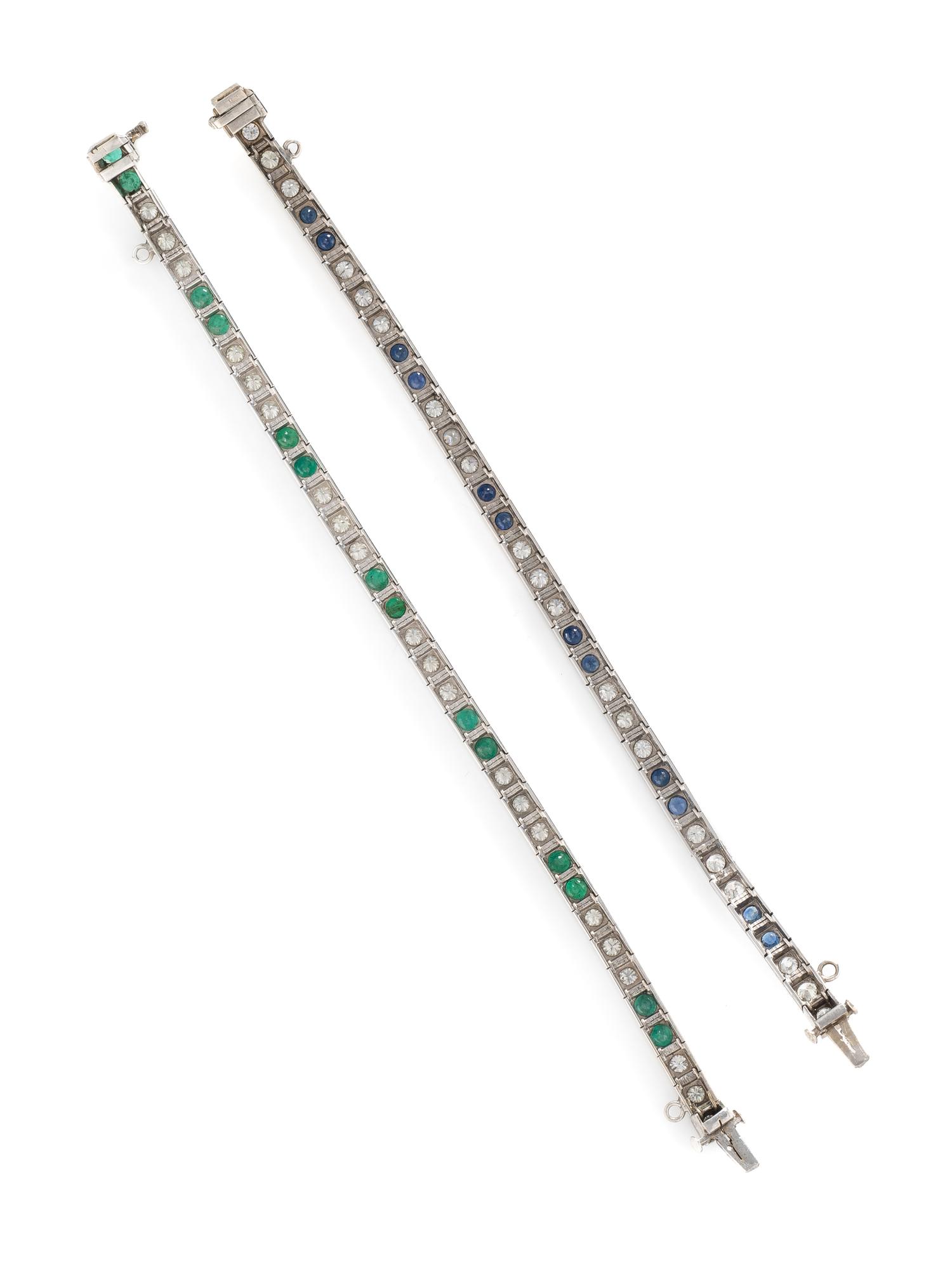 PAIR OF WHITE GOLD, DIAMOND AND GEMSTONE LINE BRACELETS