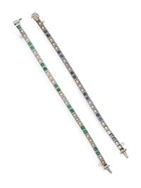 PAIR OF WHITE GOLD, DIAMOND AND GEMSTONE LINE BRACELETS