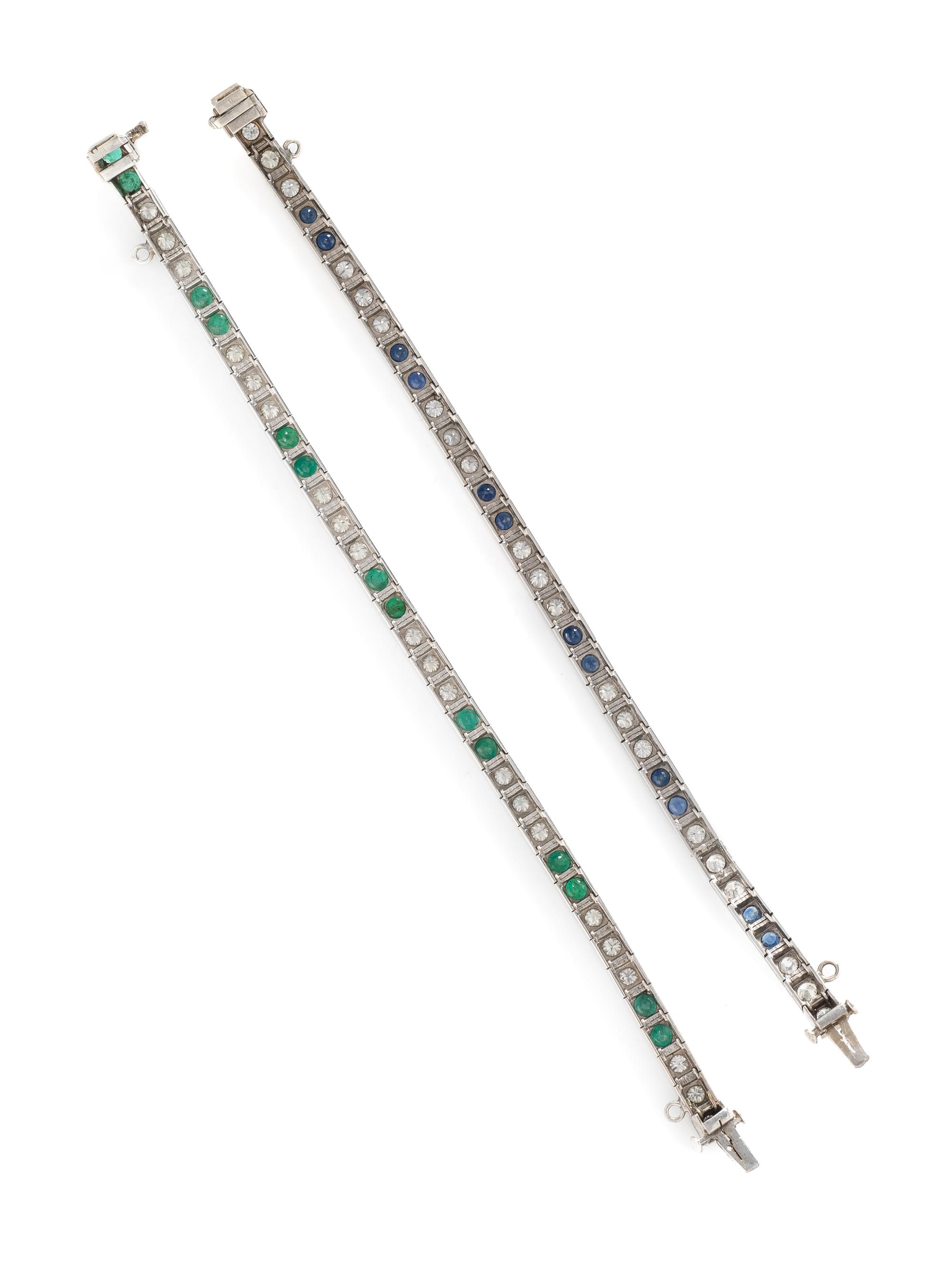 PAIR OF WHITE GOLD, DIAMOND AND GEMSTONE LINE BRACELETS