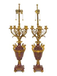 A Pair of Louis XV Style Gilt Bronze Mounted Marble Candelabra