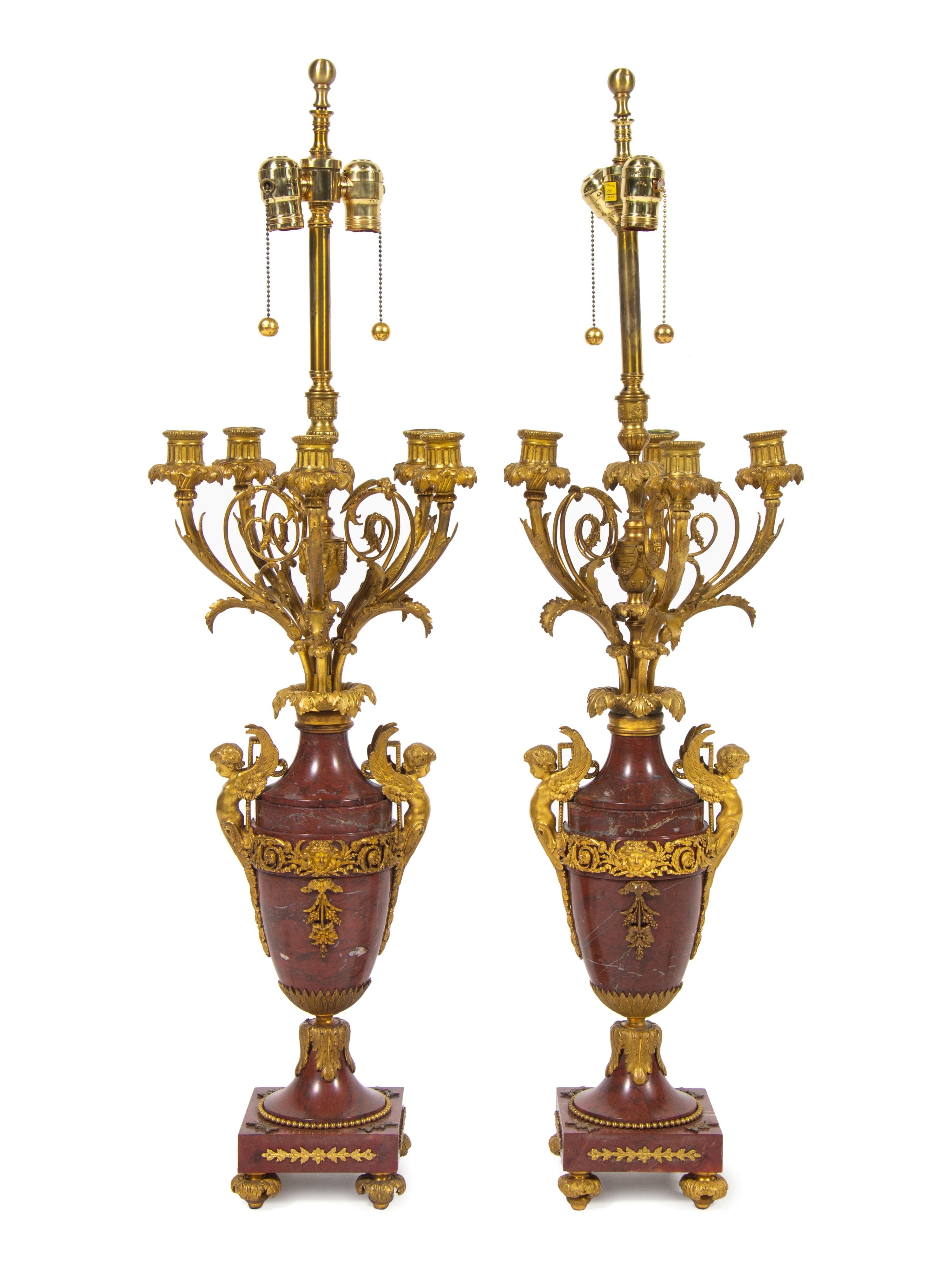 A Pair of Louis XV Style Gilt Bronze Mounted Marble Candelabra