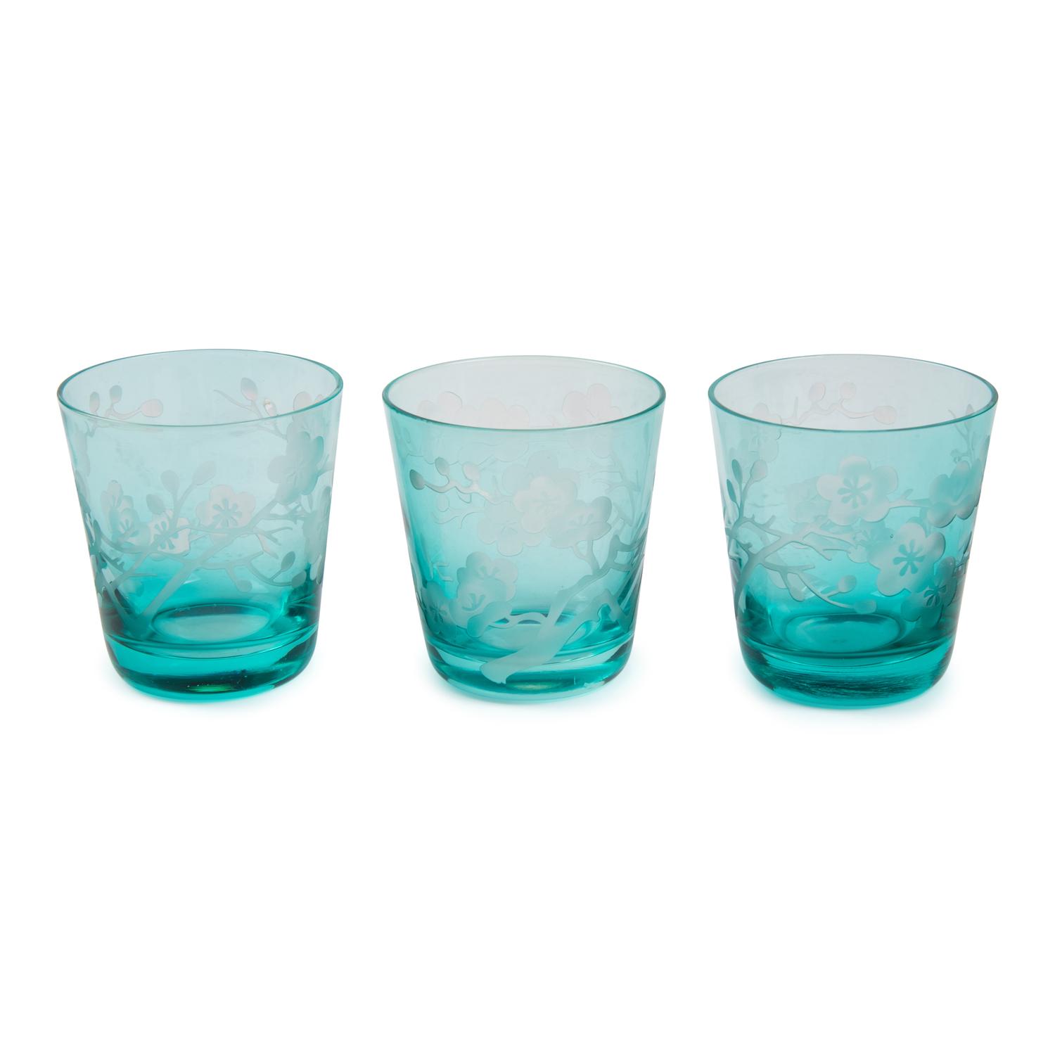 A Set of Eighteen Turquoise Etched Glass Blossom Tumblers