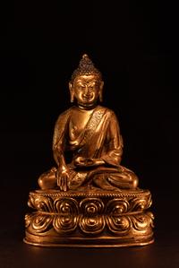 A Small Sino-Tibetan Gilt Bronze Figure of Seated Buddha Shakyamuni