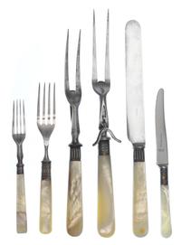 A Collection of Mother-of-Pearl Handled Flatware, , comprising: 2 carving forks 1 carving knife 12 luncheon forks 1 dessert knife 8 fis