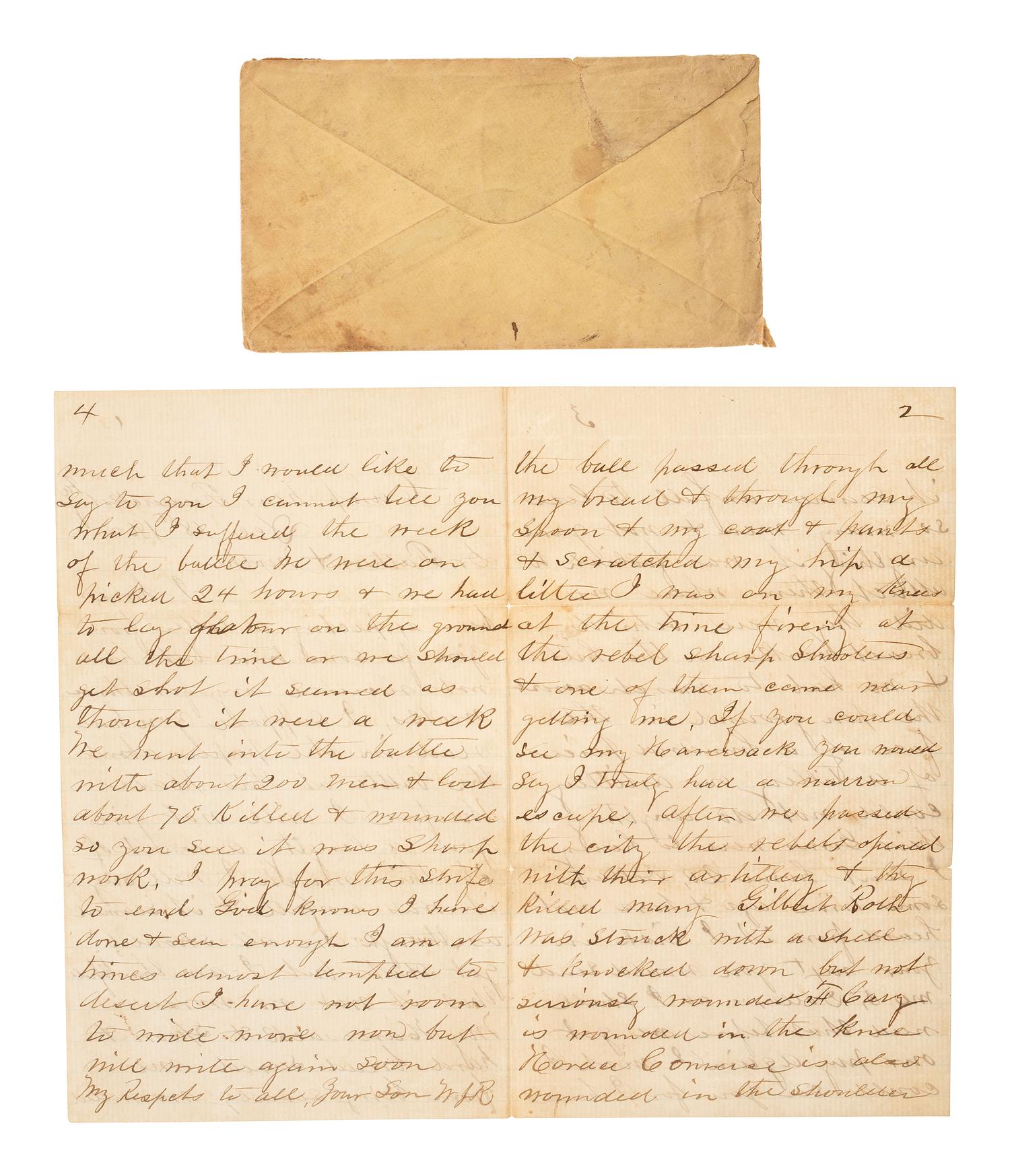 A group of items identified to Corporal William J. Ricketts, Company D, 21st Massachusetts Infantry, WIA Fredericksburg and Bethesda Church, VA, incl. bullet-struck haversack, utensils, and mucket.