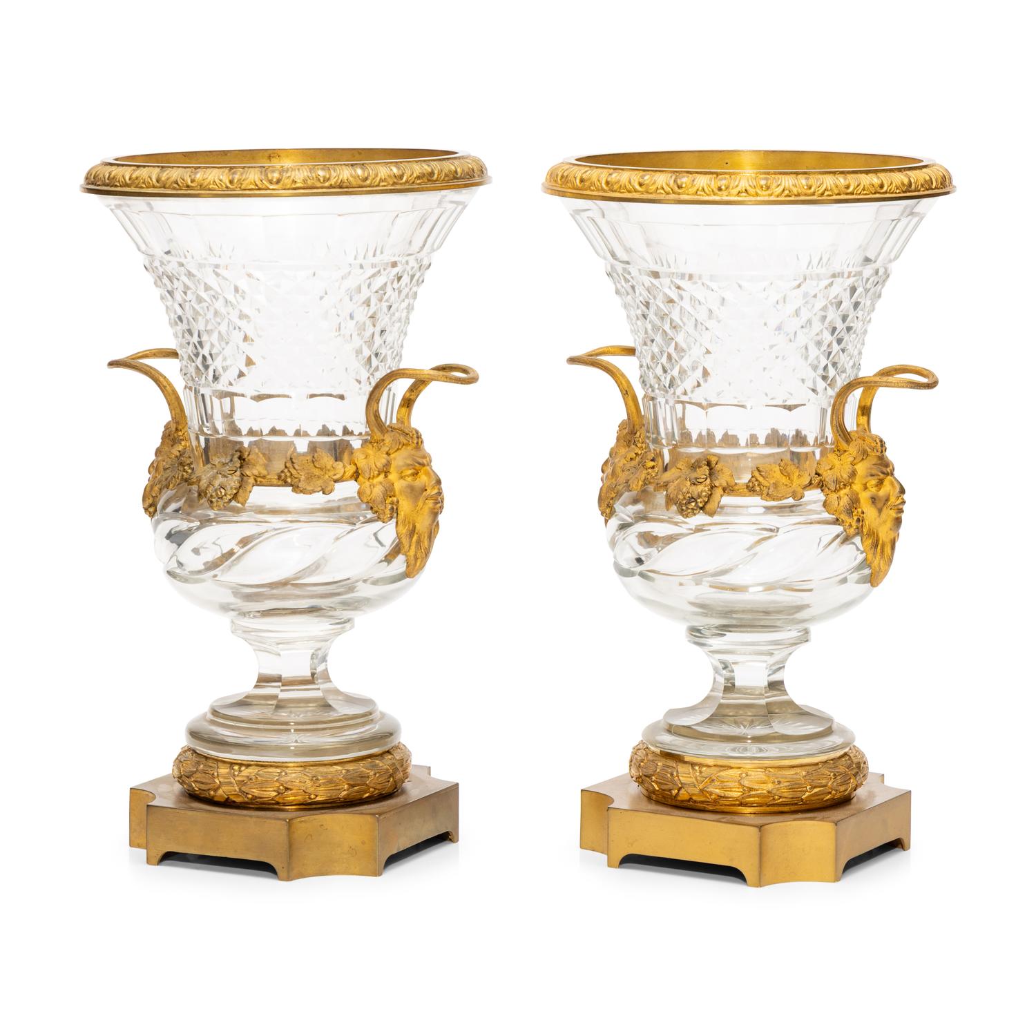 A Pair of French Gilt-Bronze Mounted Cut Glass Urns