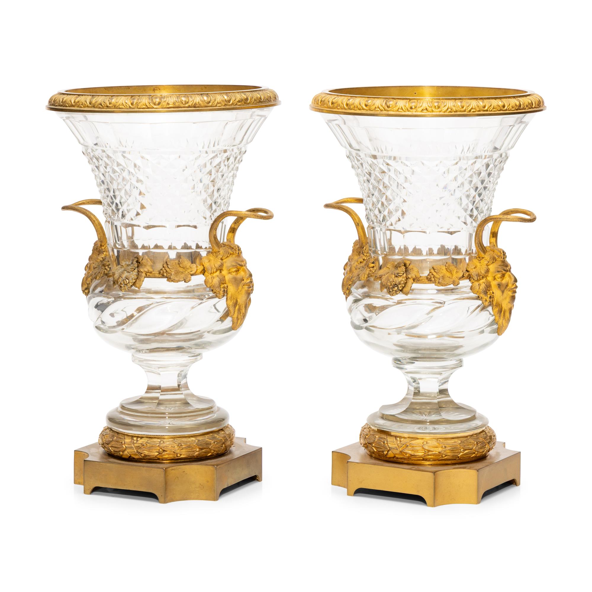 A Pair of French Gilt-Bronze Mounted Cut Glass Urns