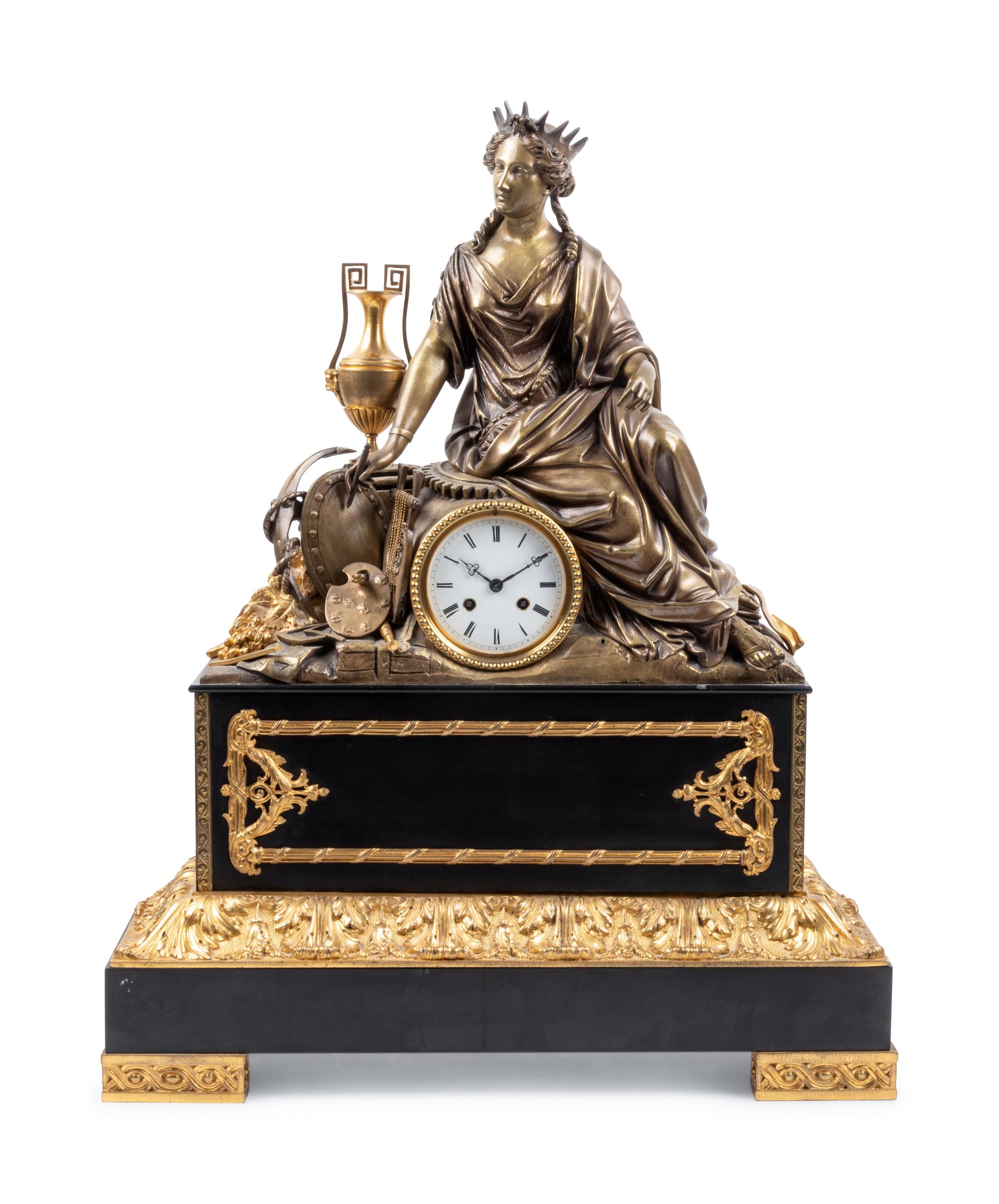 An Empire Style Gilt and Patinated Bronze Figural Mantel Clock