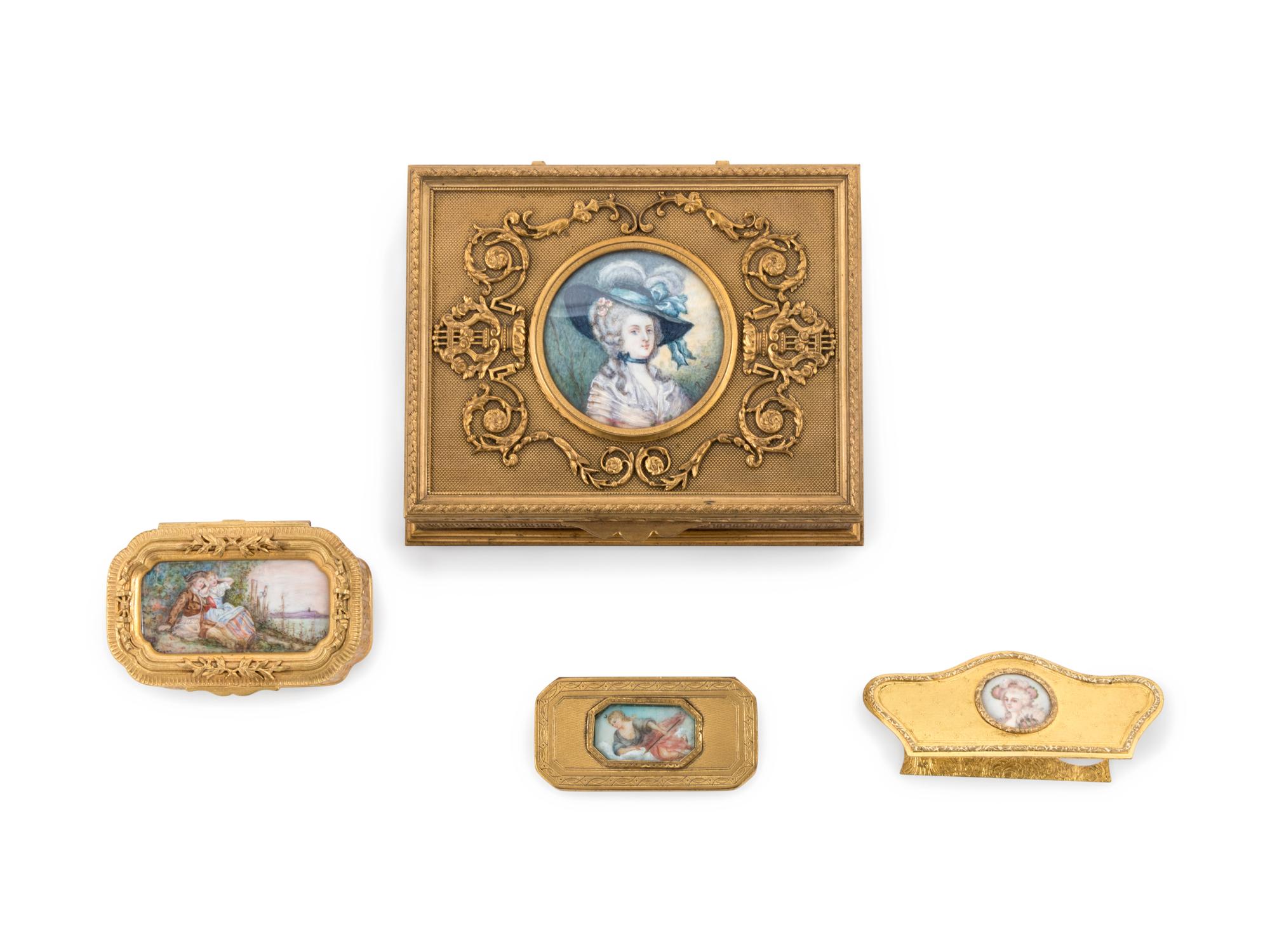 Four Continental Miniature Inset Gilt Metal Articles