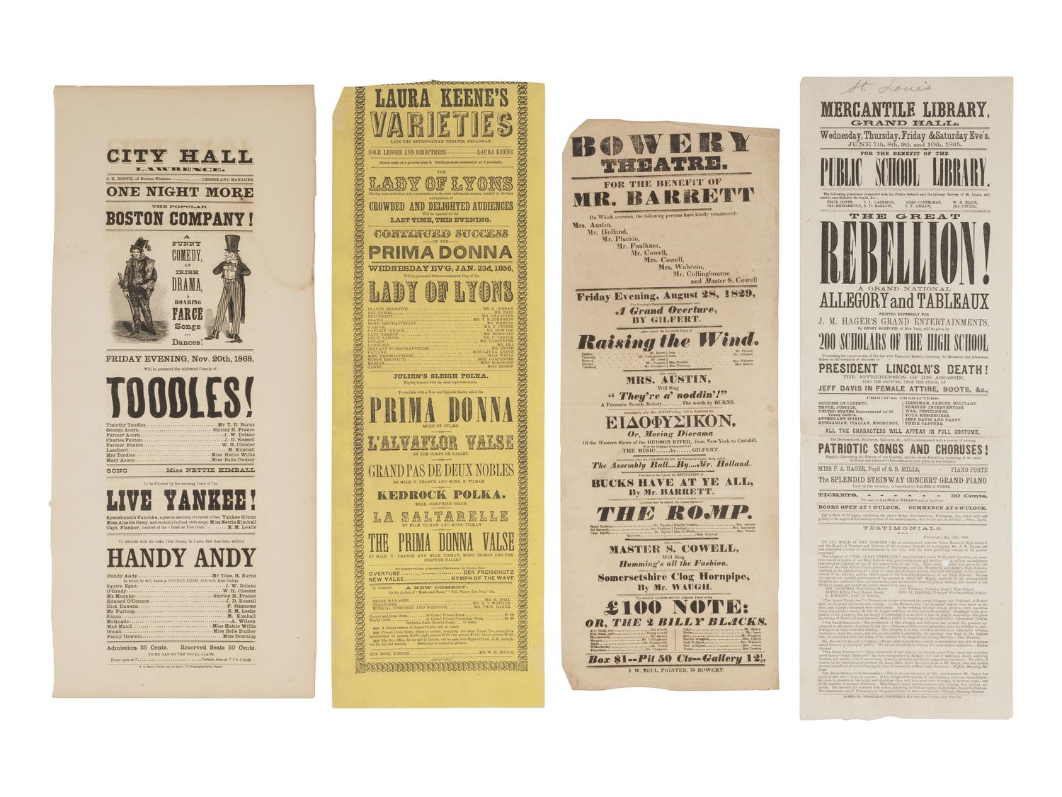 [LINCOLN - THEATER]. 9 theatrical broadsides, incl. "Laura Keene's Varieties" and "The Great Rebellion!"