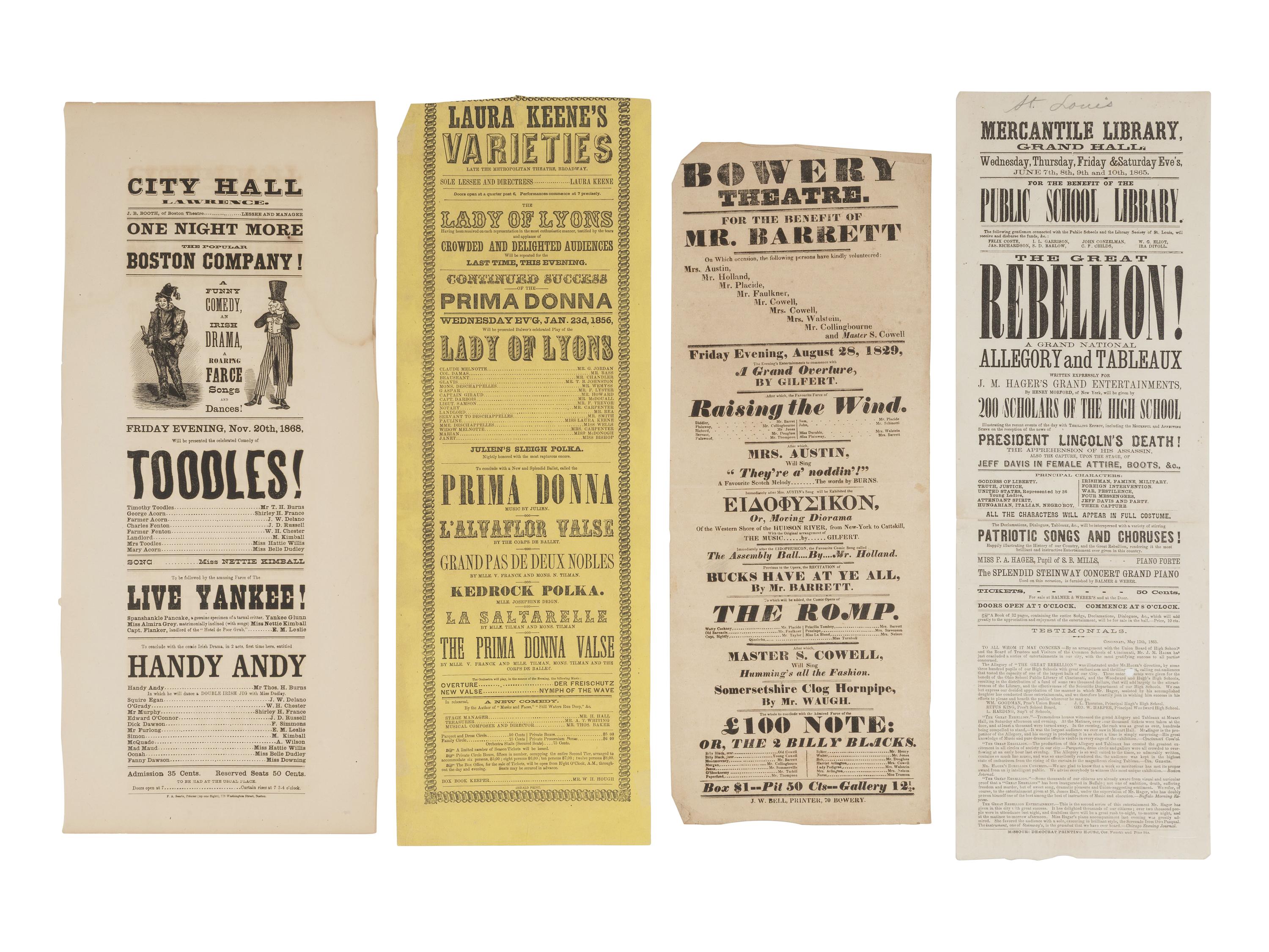 [LINCOLN - THEATER]. 9 theatrical broadsides, incl. "Laura Keene's Varieties" and "The Great Rebellion!"