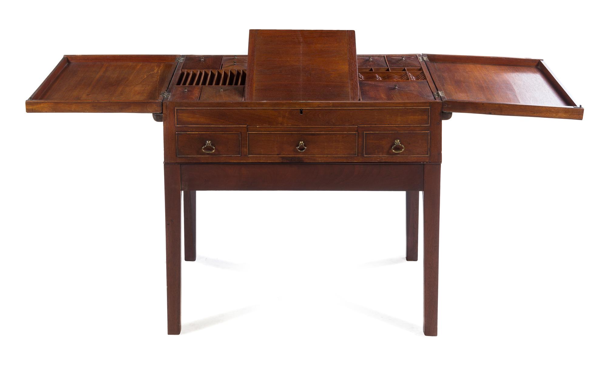 A George III Mahogany Work Table Height 27 1/2 x width 29 x depth 21 inches (closed).