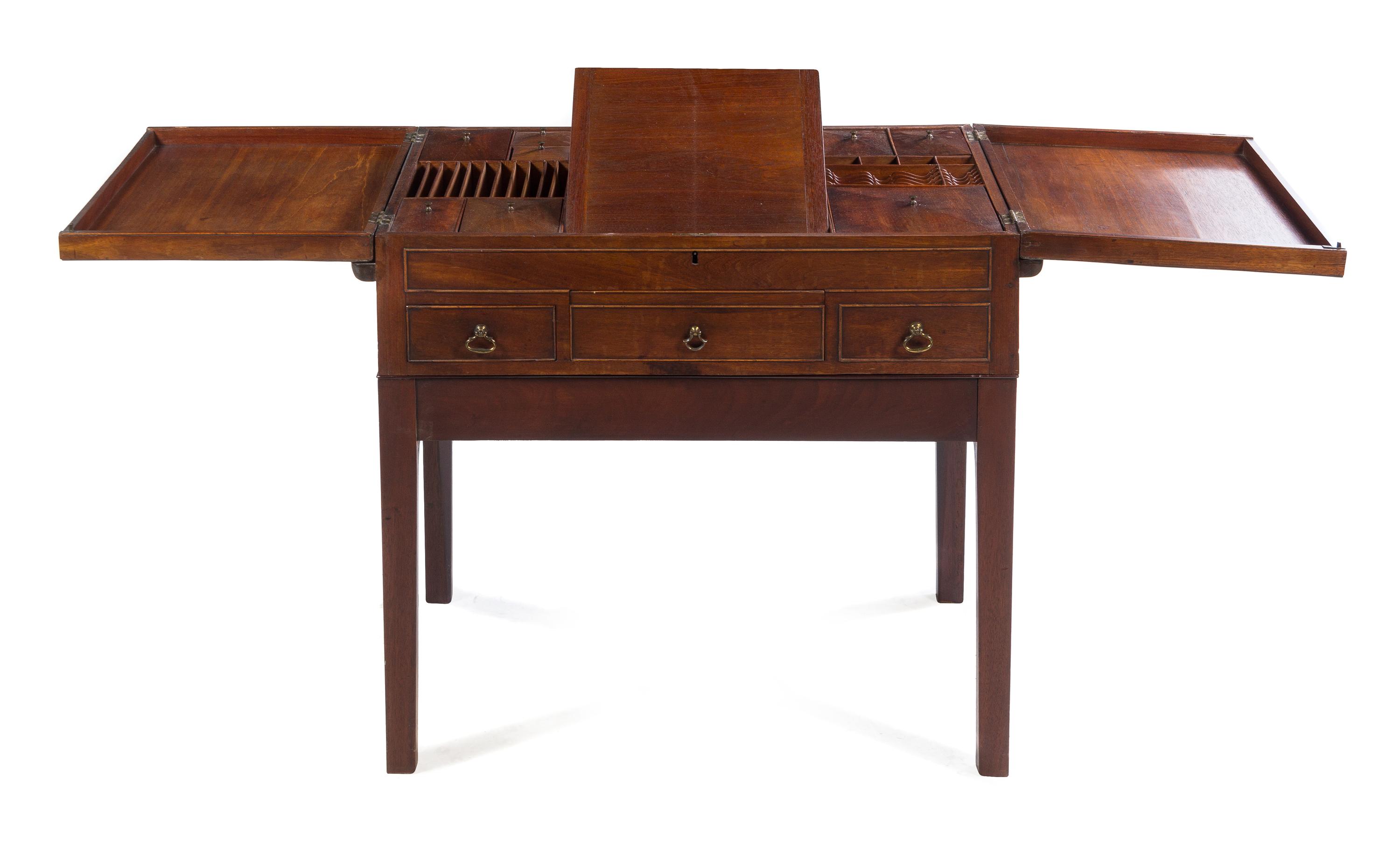 A George III Mahogany Work Table Height 27 1/2 x width 29 x depth 21 inches (closed).