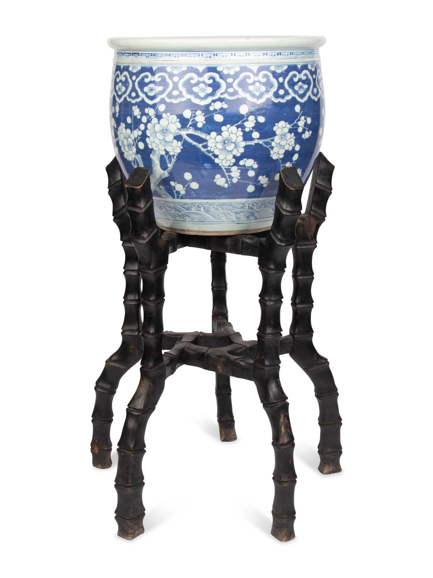 A Large Chinese Blue and White Porcelain Fishbowl with Stand