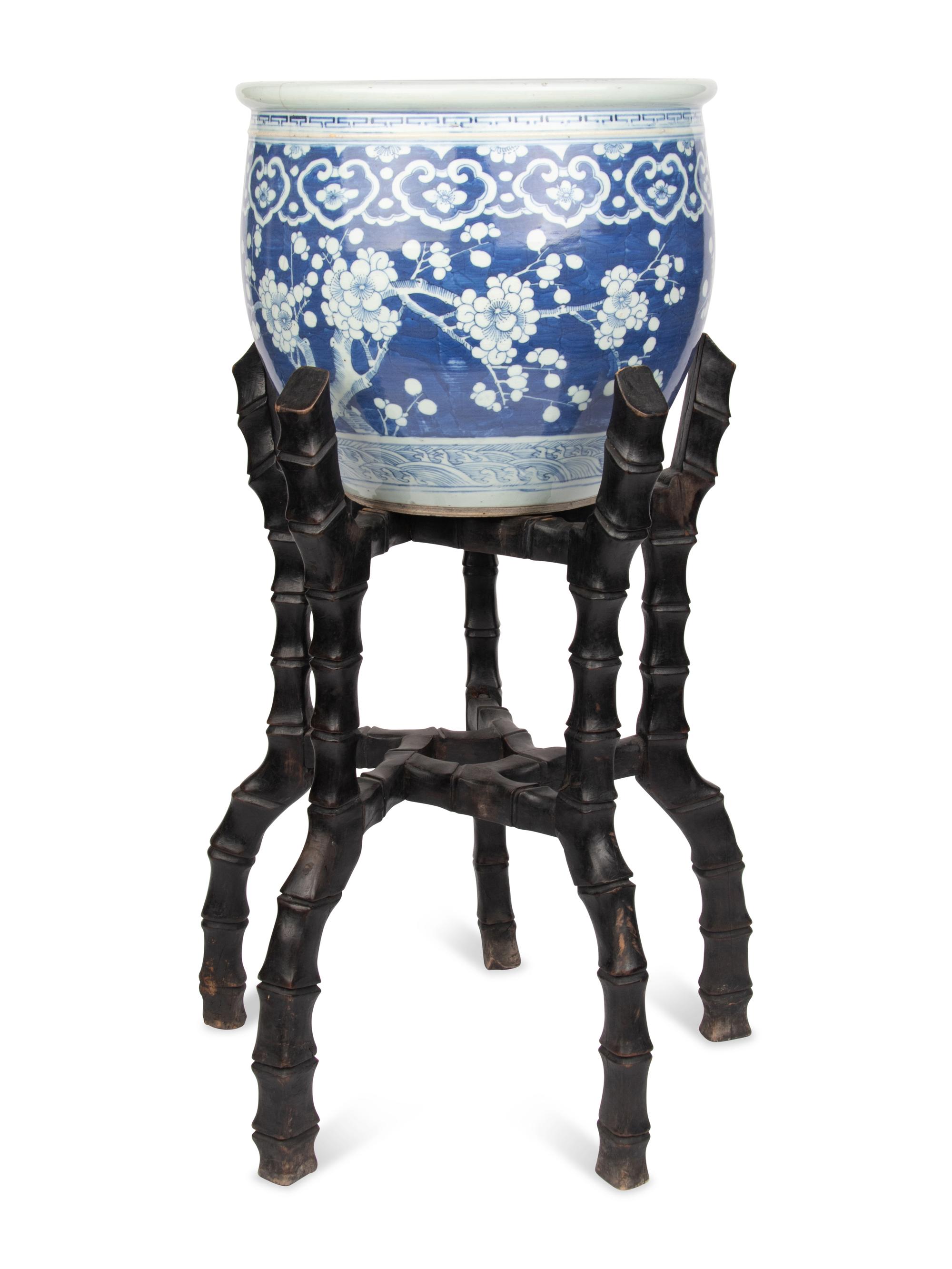 A Large Chinese Blue and White Porcelain Fishbowl with Stand
