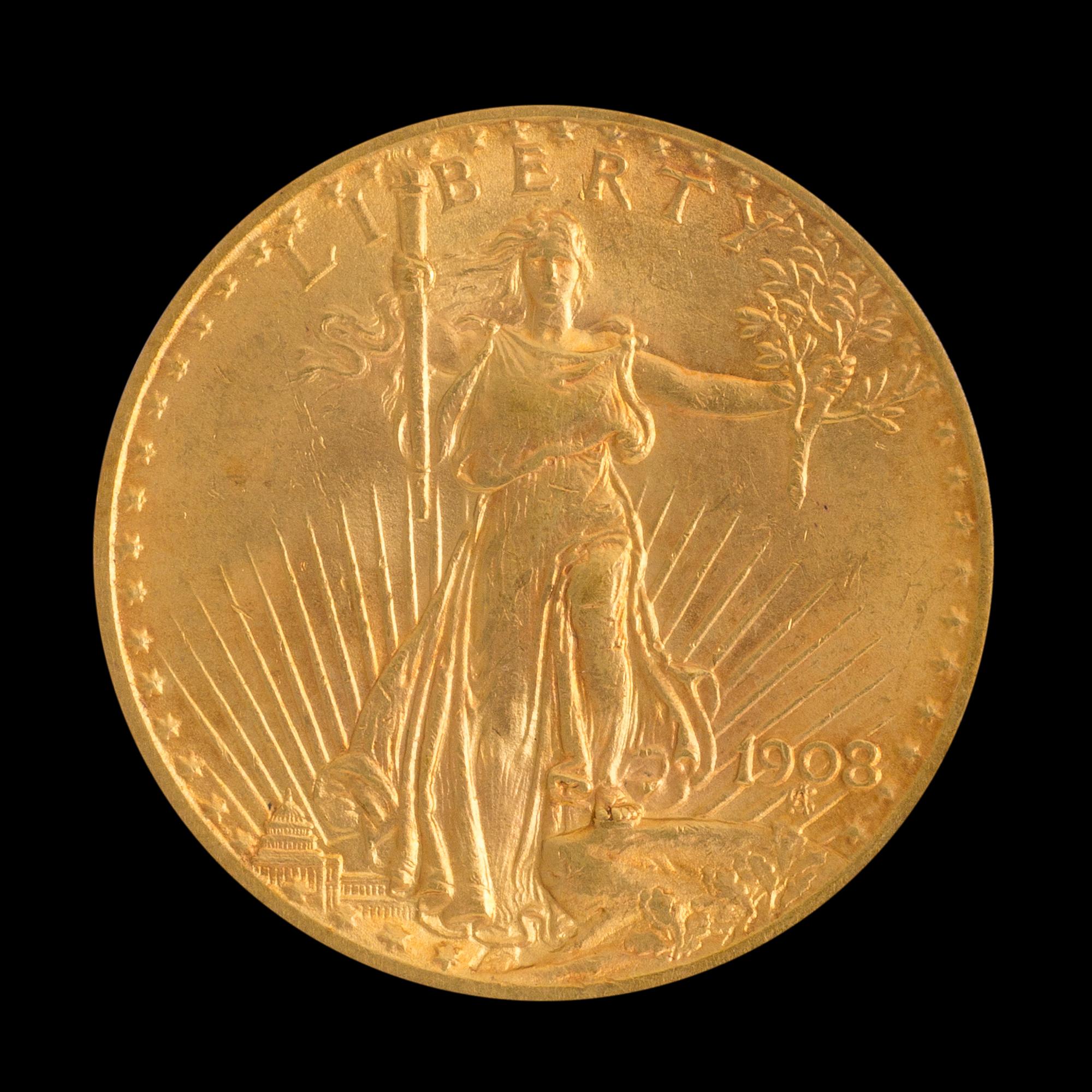 A United States 1908 Saint-Gaudens: No Motto $20 Gold Coin