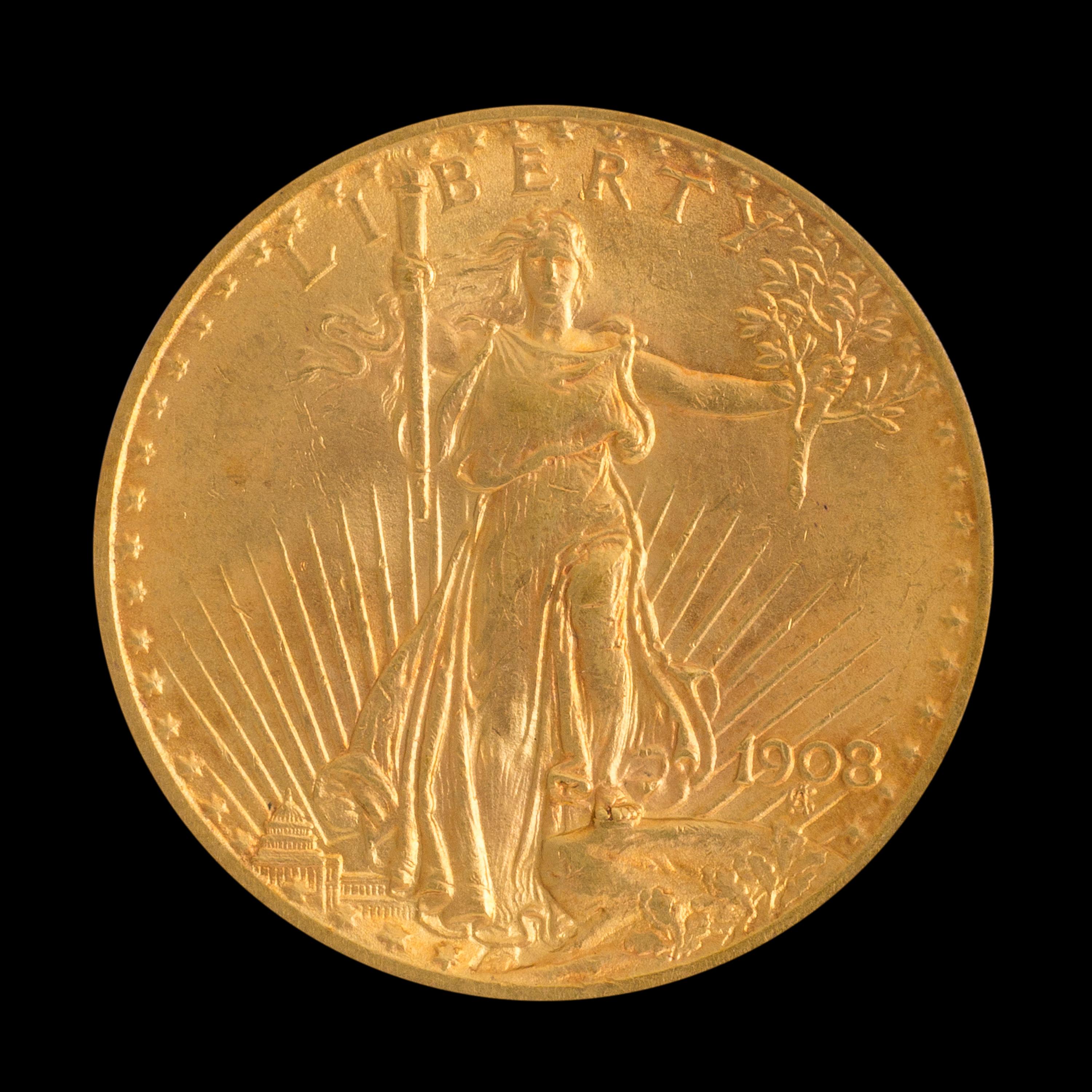 A United States 1908 Saint-Gaudens: No Motto $20 Gold Coin