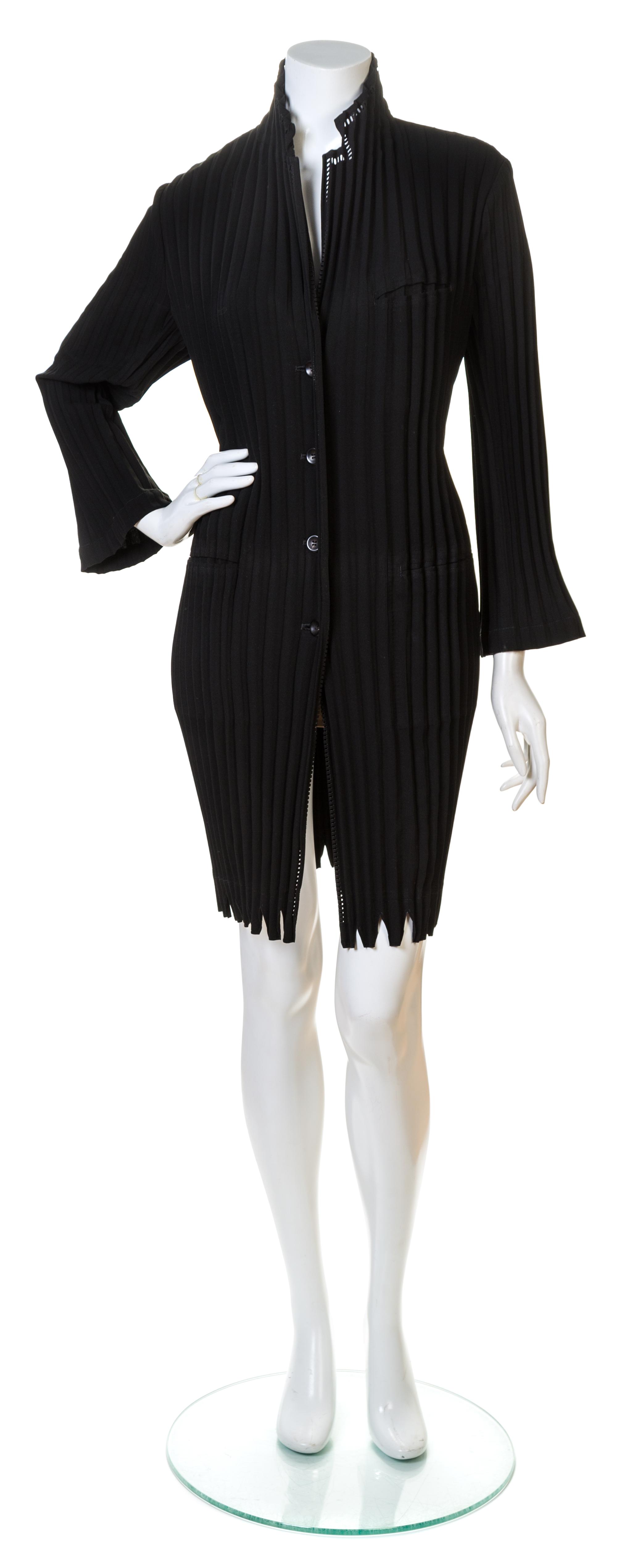 An Issey Miyake Black Pleated Coat, Size medium.