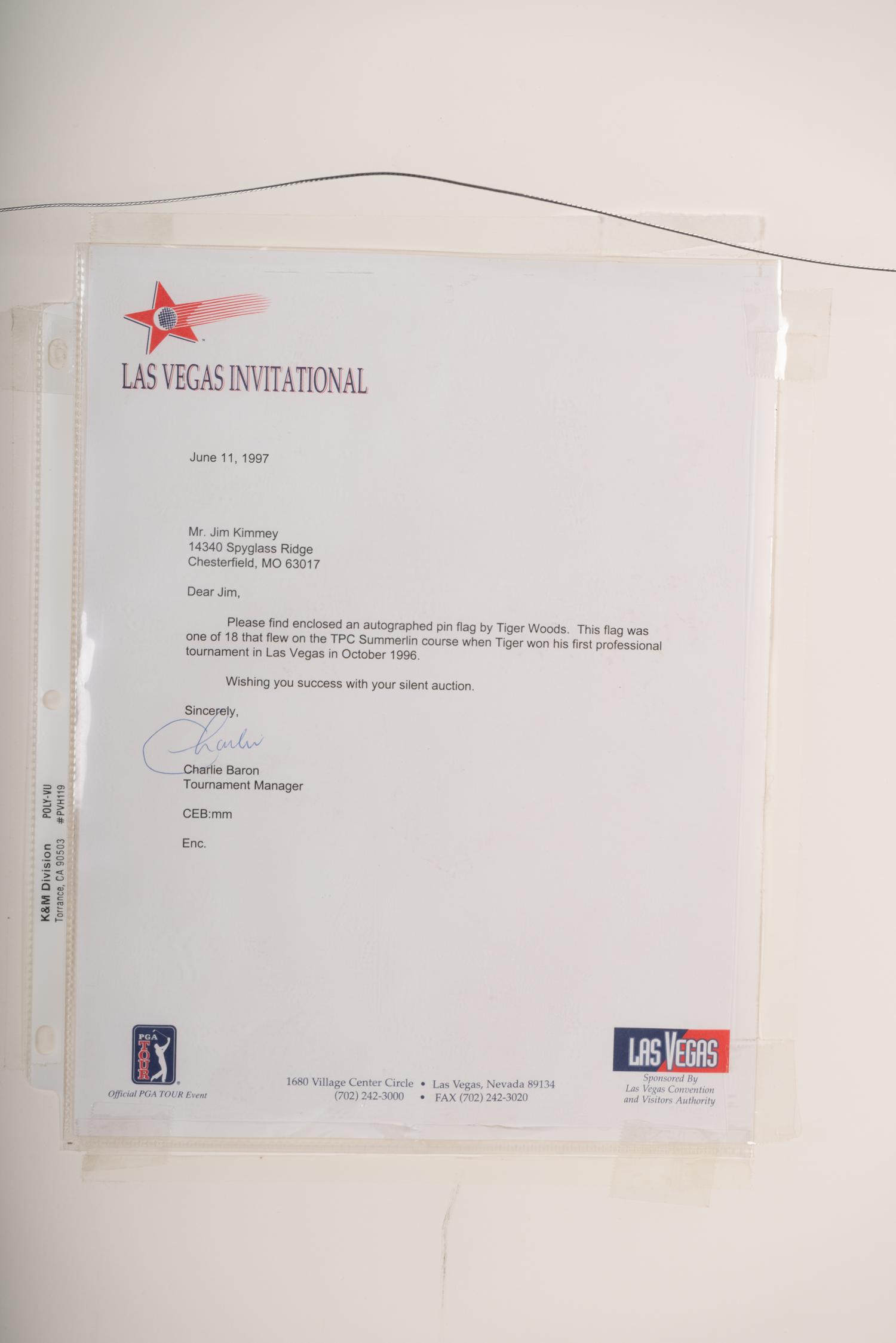 A Historically Significant Tiger Woods Signed Autograph 1996 Las Vegas Invitational Tournament Flown Golf Flag From Woods' First PGA Tour Victory (Tournament Director Letter, PSA Authentic),