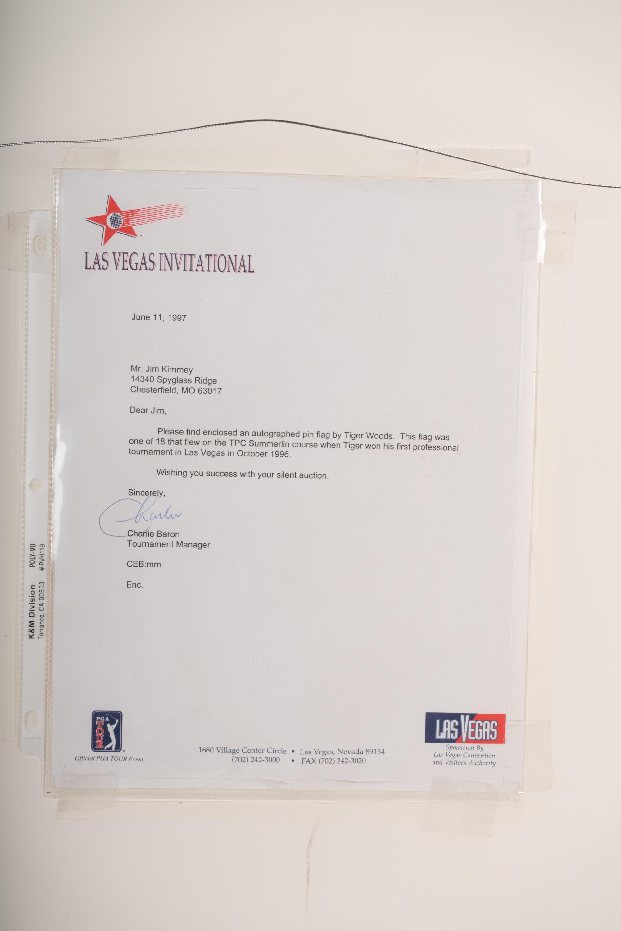 A Historically Significant Tiger Woods Signed Autograph 1996 Las Vegas Invitational Tournament Flown Golf Flag From Woods' First PGA Tour Victory (Tournament Director Letter, PSA Authentic),