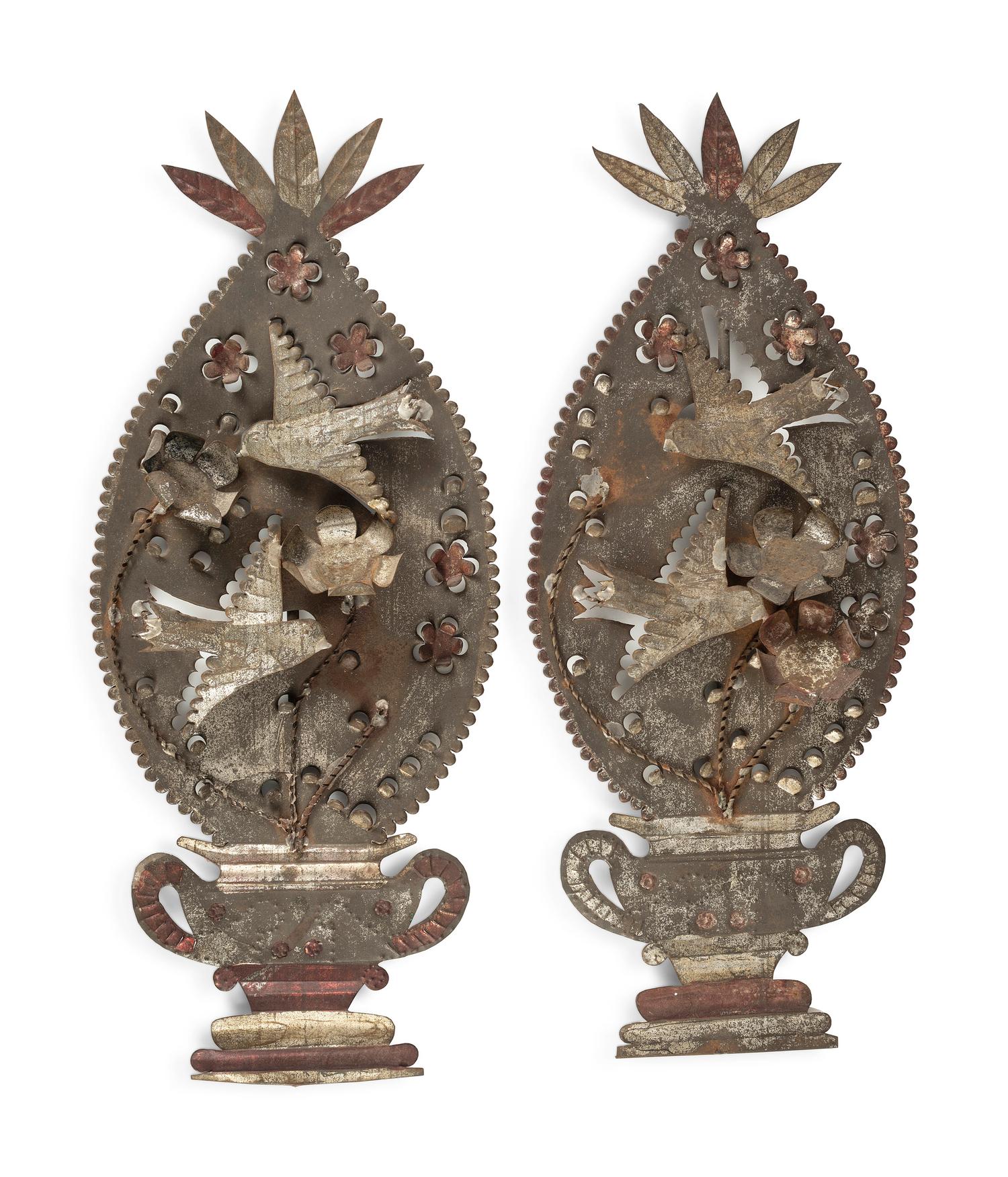 A Pair of Punched and Painted Tin Outdoor Decorations