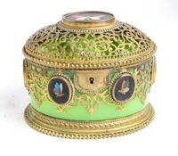 A Gilt Metal Mounted and Pietra Dura Inset Opalescent Glass Table Casket Height 4 3/8 x width 5 3/8 inches. — LATE 19TH/EARLY 20TH CENTURY