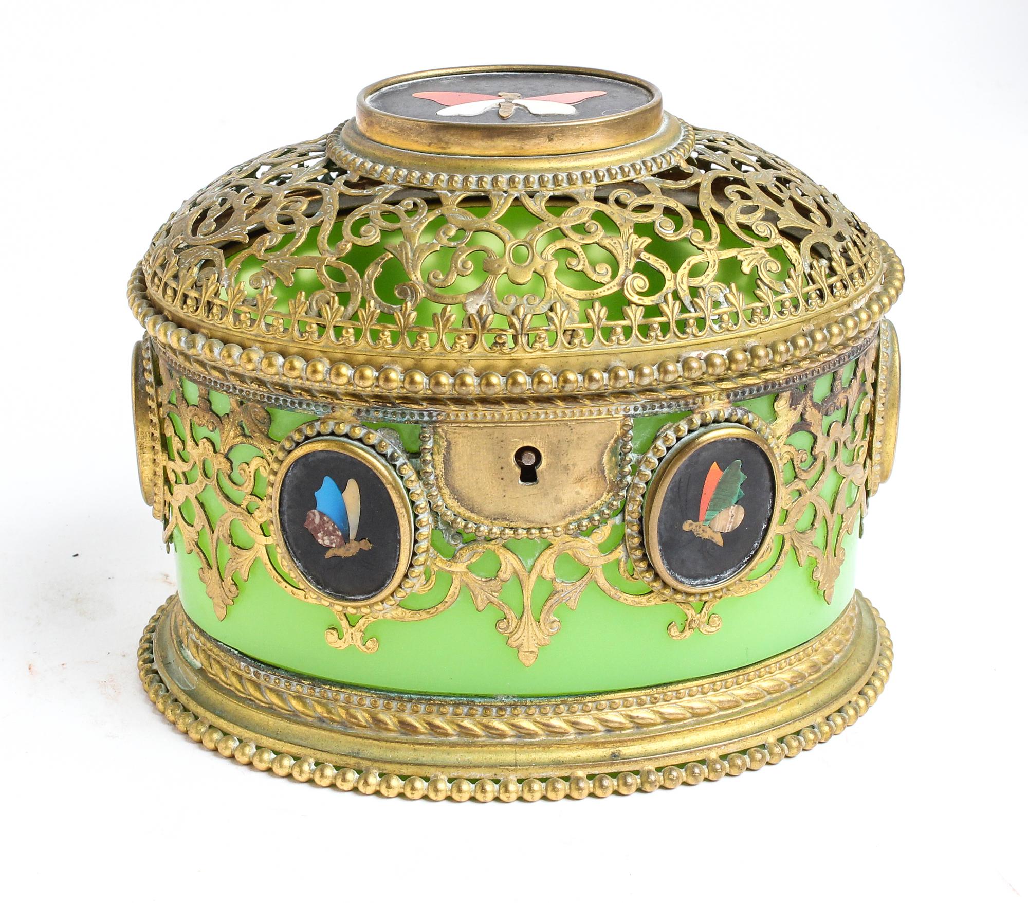 A Gilt Metal Mounted and Pietra Dura Inset Opalescent Glass Table Casket Height 4 3/8 x width 5 3/8 inches. — LATE 19TH/EARLY 20TH CENTURY