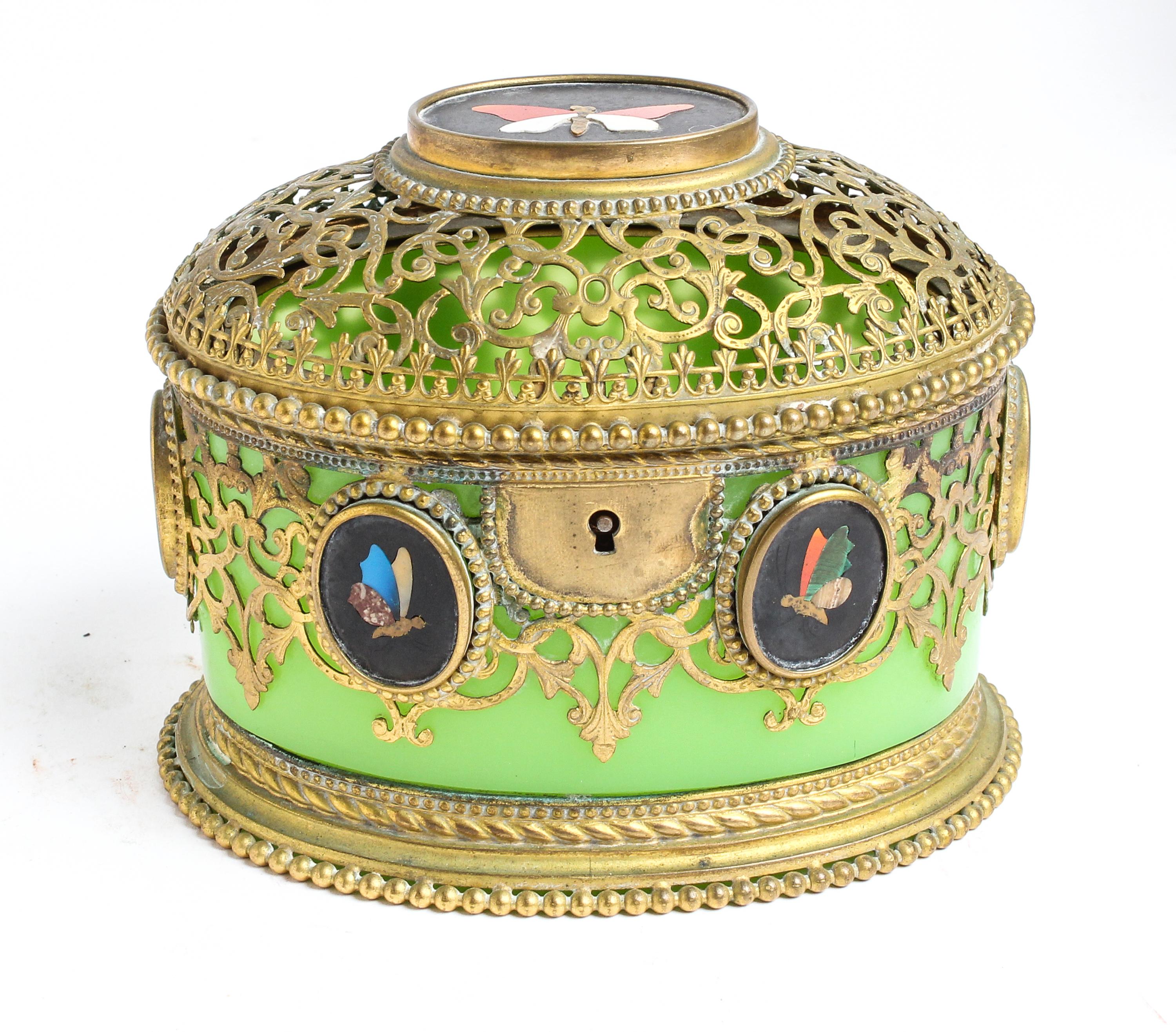A Gilt Metal Mounted and Pietra Dura Inset Opalescent Glass Table Casket Height 4 3/8 x width 5 3/8 inches. — LATE 19TH/EARLY 20TH CENTURY