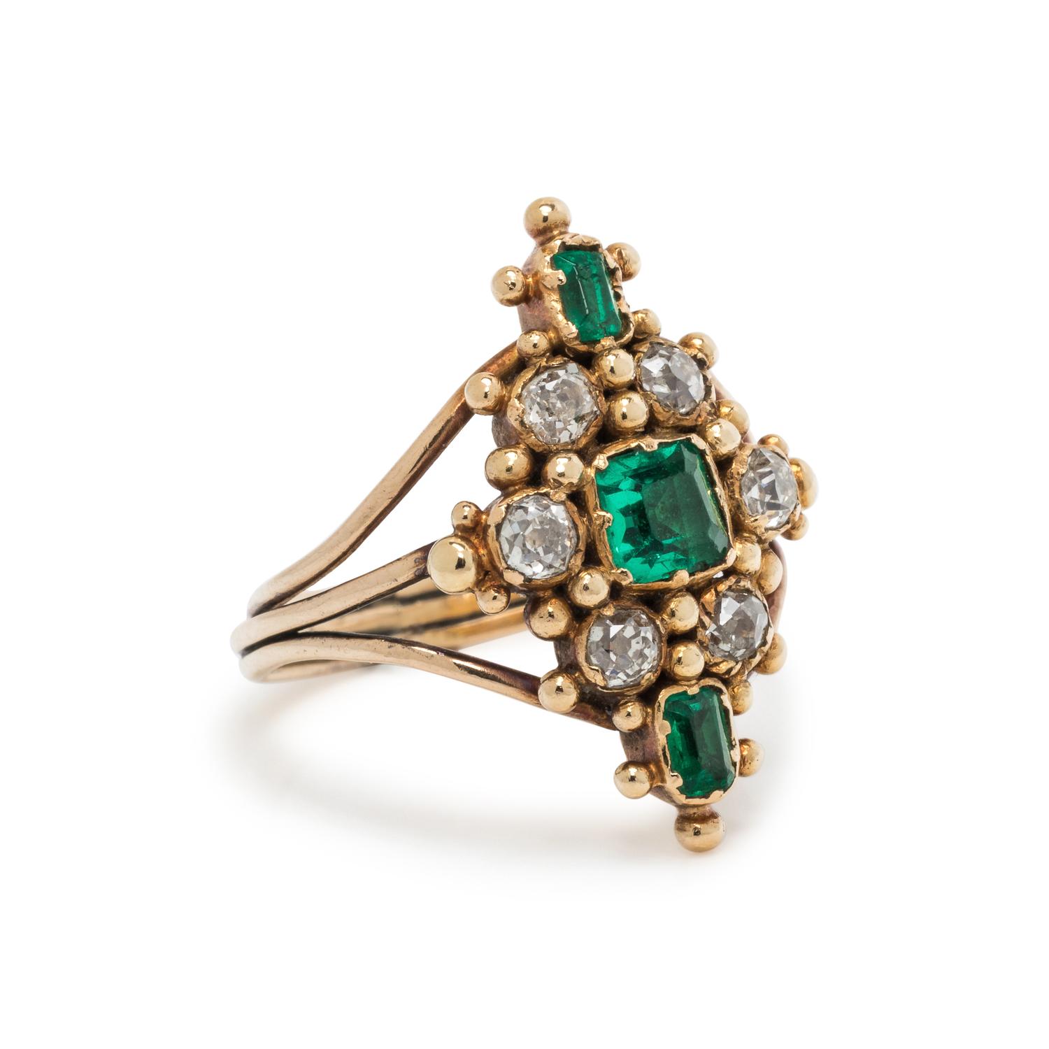 SYNTHETIC EMERALD AND DIAMOND RING