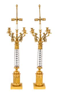 A Pair of Louis XVI Style Five-Light Gilt Bronze and Swirled Glass Candelabra Height 38 inches. — 19TH CENTURY