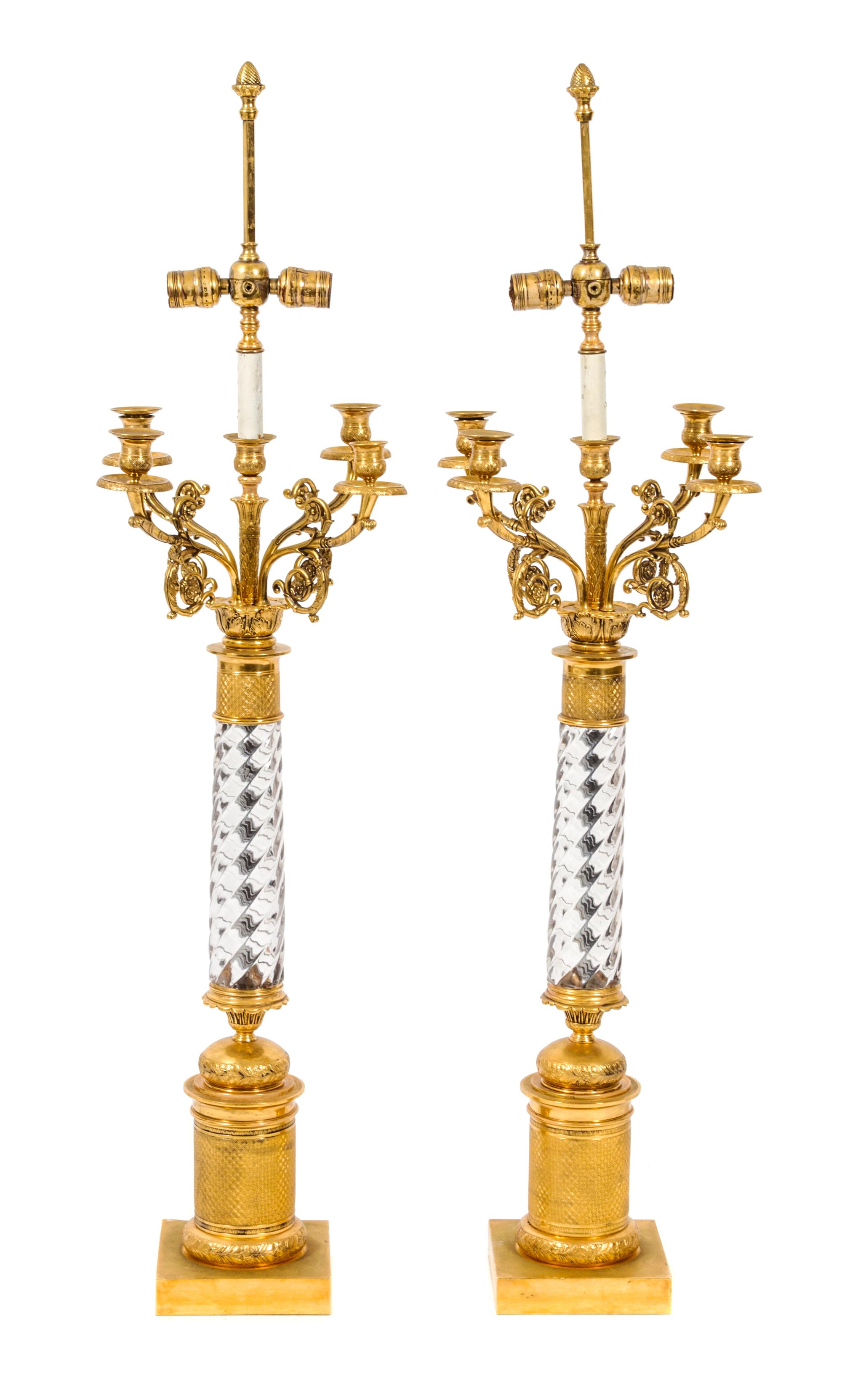A Pair of Louis XVI Style Five-Light Gilt Bronze and Swirled Glass Candelabra Height 38 inches. — 19TH CENTURY