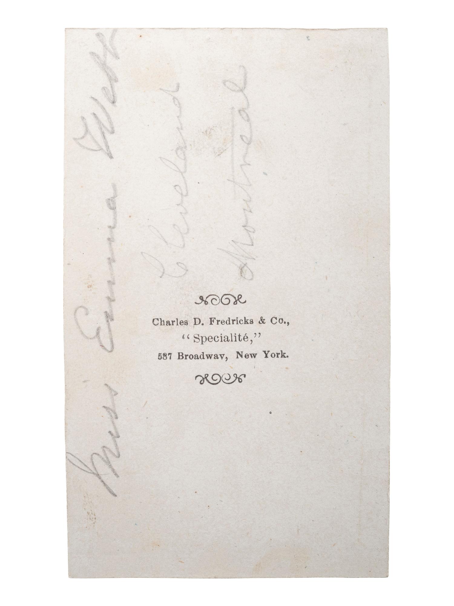 [EARLY PHOTOGRAPHY]. FREDRICKS, C.D., photographer. A group of 2 CDVs of actress Emma Webb, incl. image taken with young African American subject. New York, n.d.