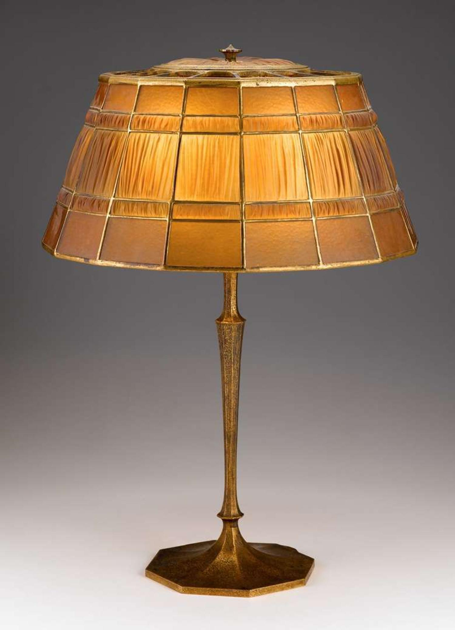 "Favrile Fabrique" leaded glass and gilt bronze table lamp tiffany studios, new york, ny, early 20th century