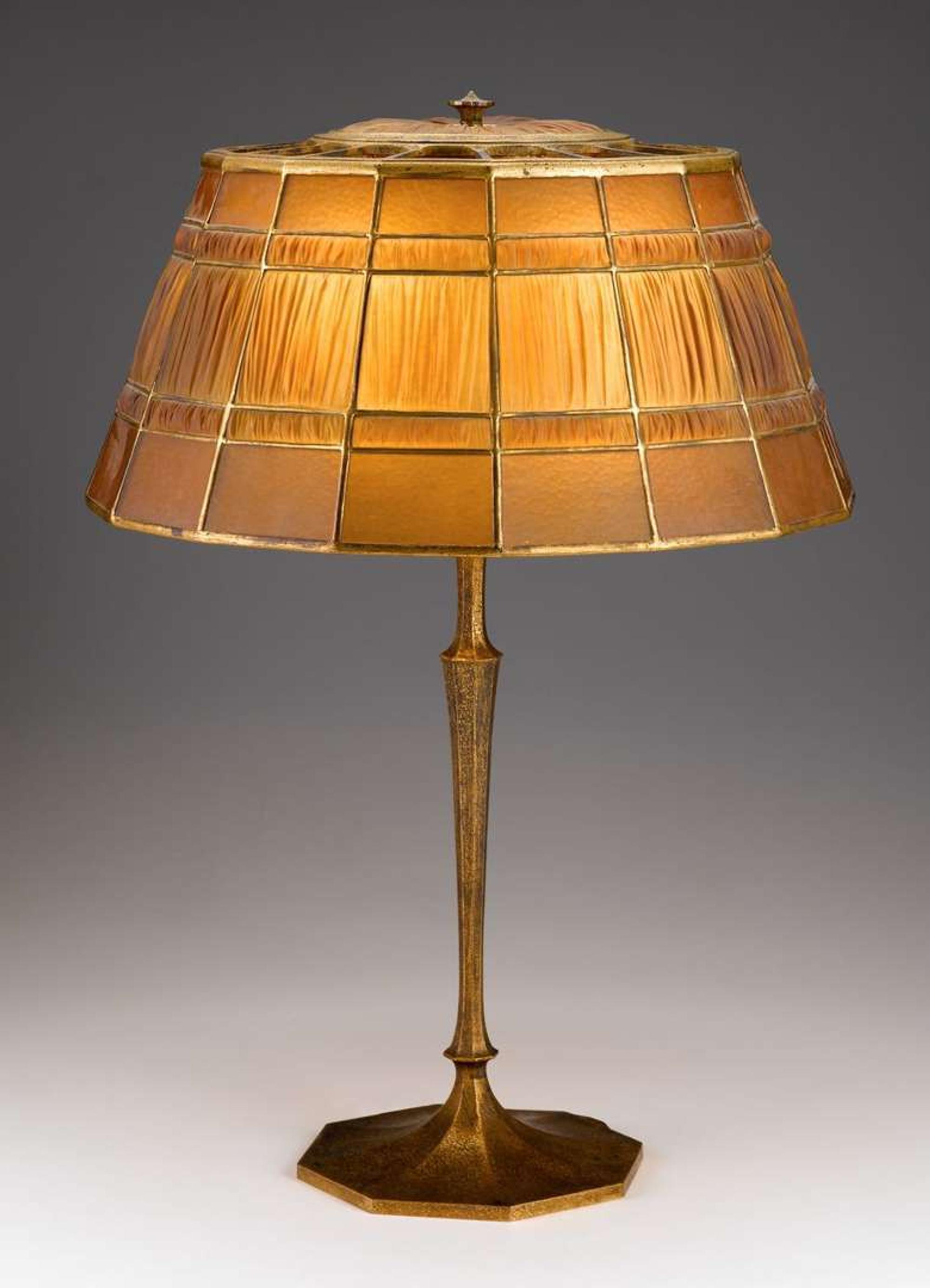 "Favrile Fabrique" leaded glass and gilt bronze table lamp tiffany studios, new york, ny, early 20th century