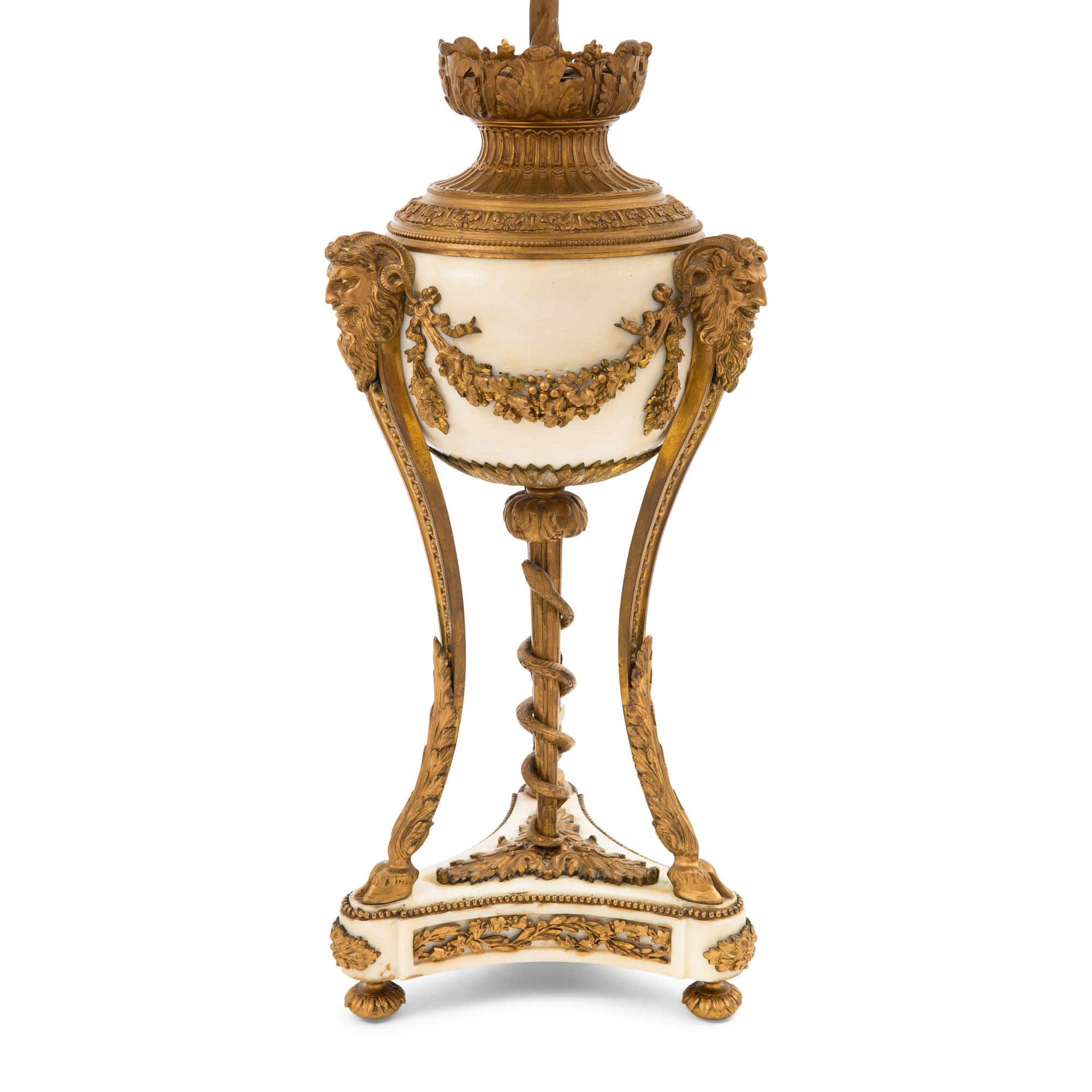 Pair of Louis XVI Style Gilt Bronze and White Marble Table Lamps