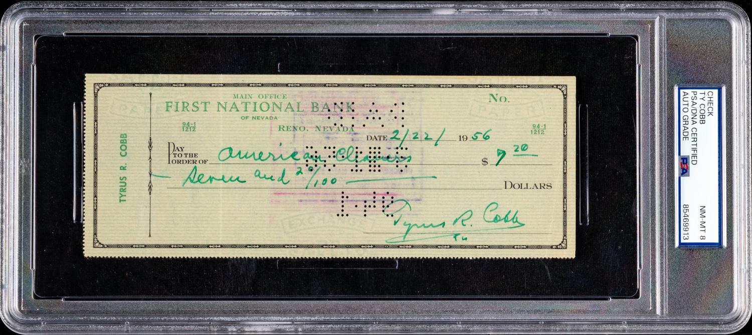 A Ty Cobb Signed Autograph Check (PSA 8 AUTO NM/MT)