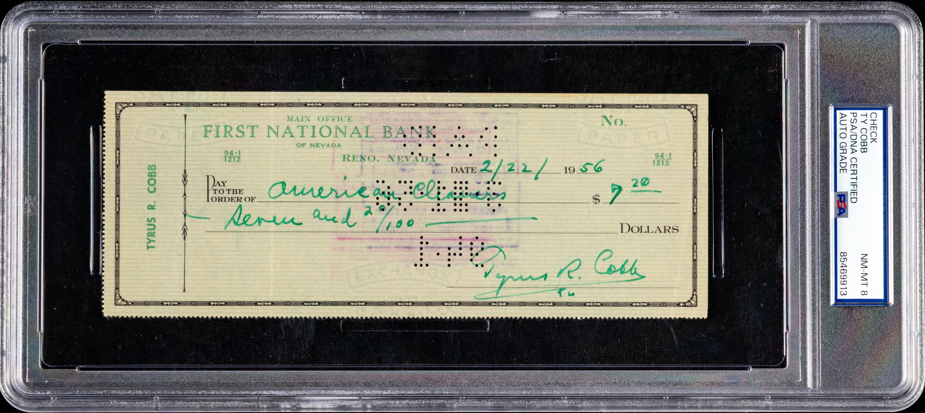 A Ty Cobb Signed Autograph Check (PSA 8 AUTO NM/MT)