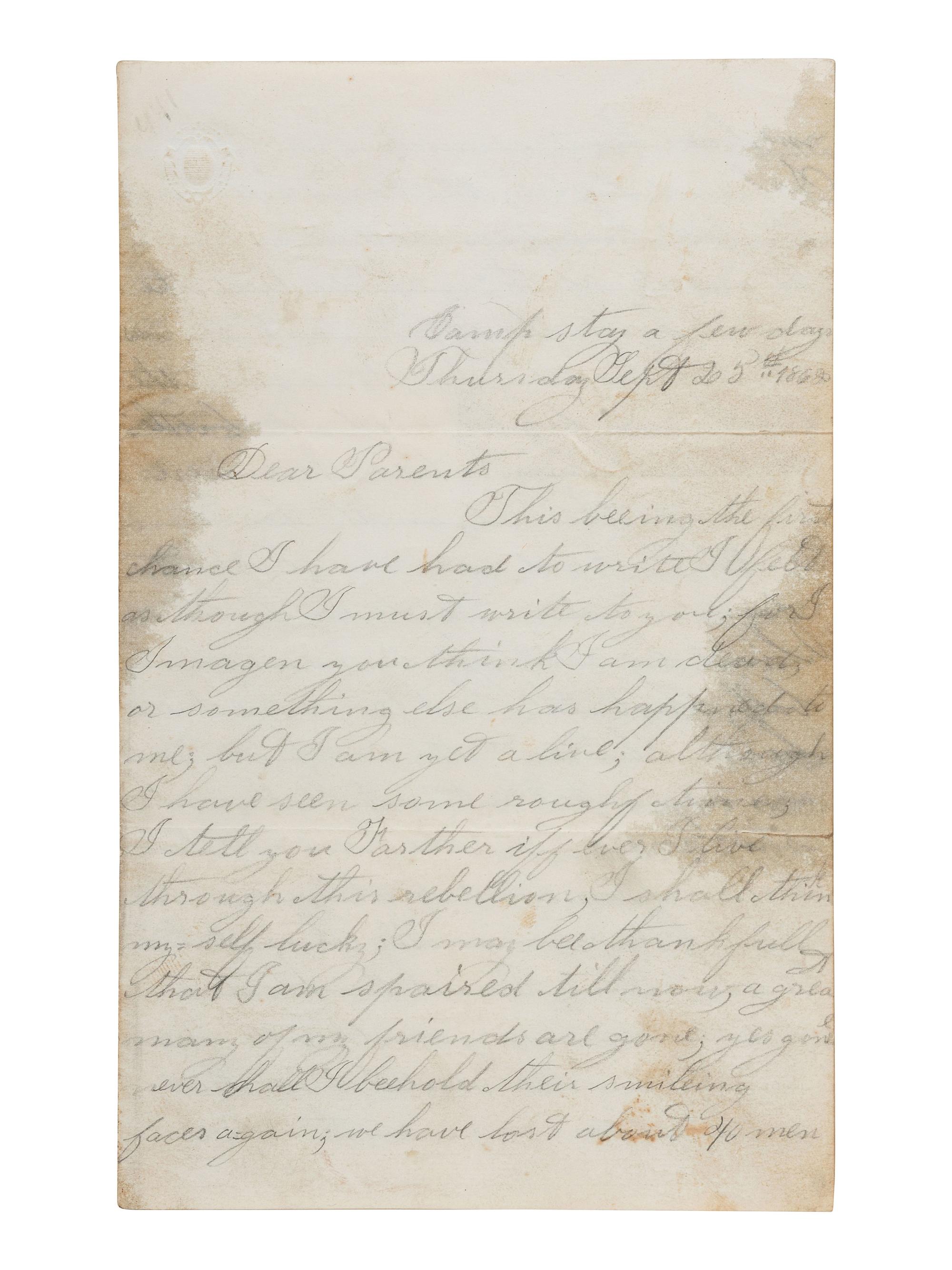 [CIVIL WAR]. Letter with graphic content regarding Battle of Antietam written by Bugler Charles E. May, 1st Rhode Island Light Artillery. 25 September 1862.