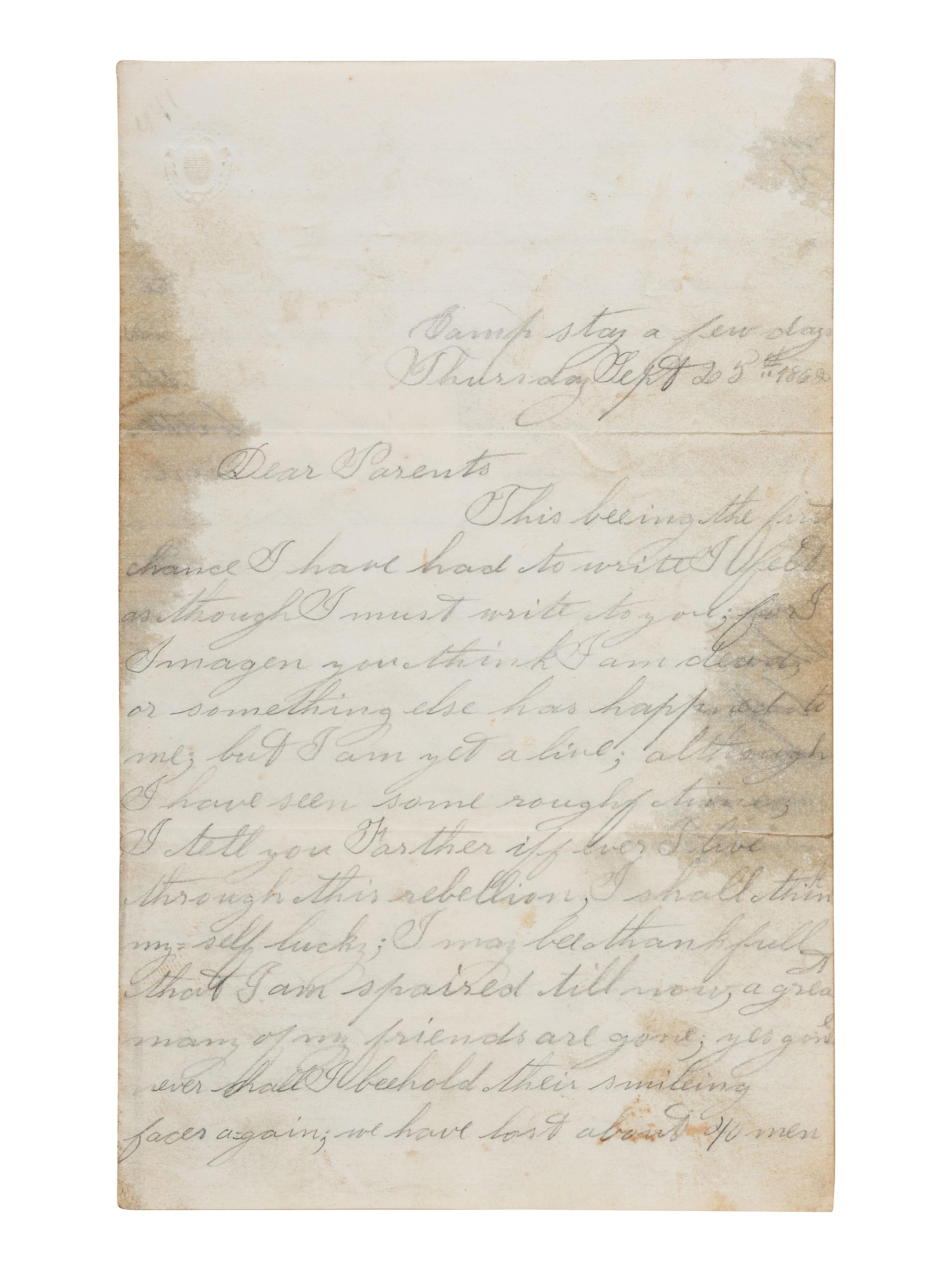[CIVIL WAR]. Letter with graphic content regarding Battle of Antietam written by Bugler Charles E. May, 1st Rhode Island Light Artillery. 25 September 1862.