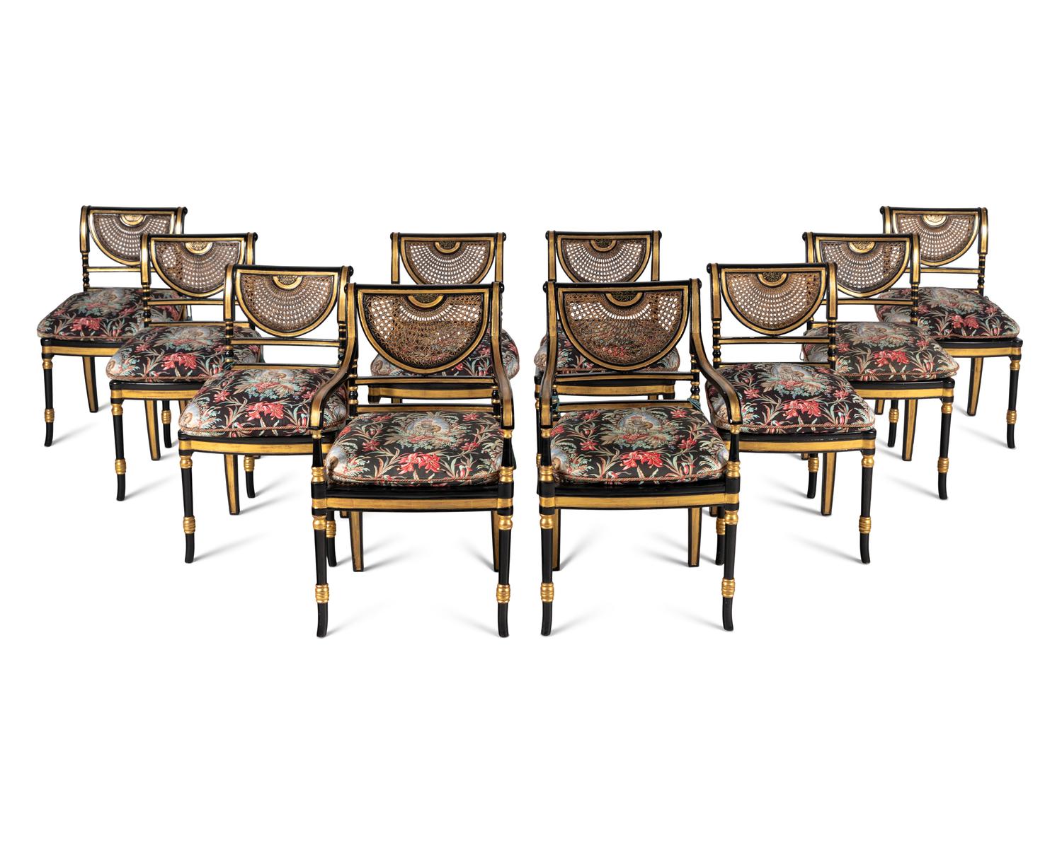 A Set of Ten Regency Style Black-Painted and Parcel Gilt Dining Chairs